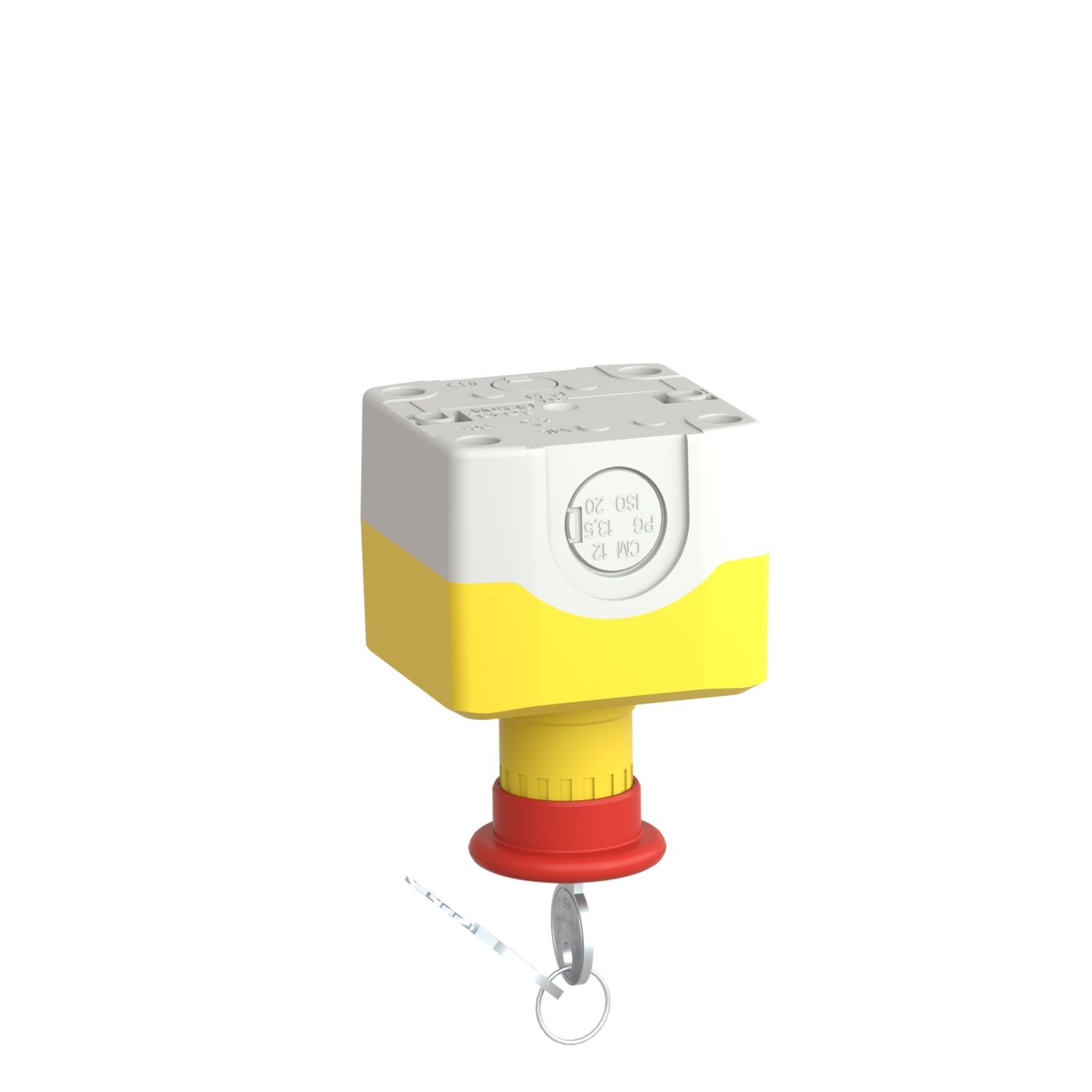 Picture of Control station, Harmony XALD XALK, plastic, yellow lid, 1 red mushroom push button 40mm, key release, 1NC