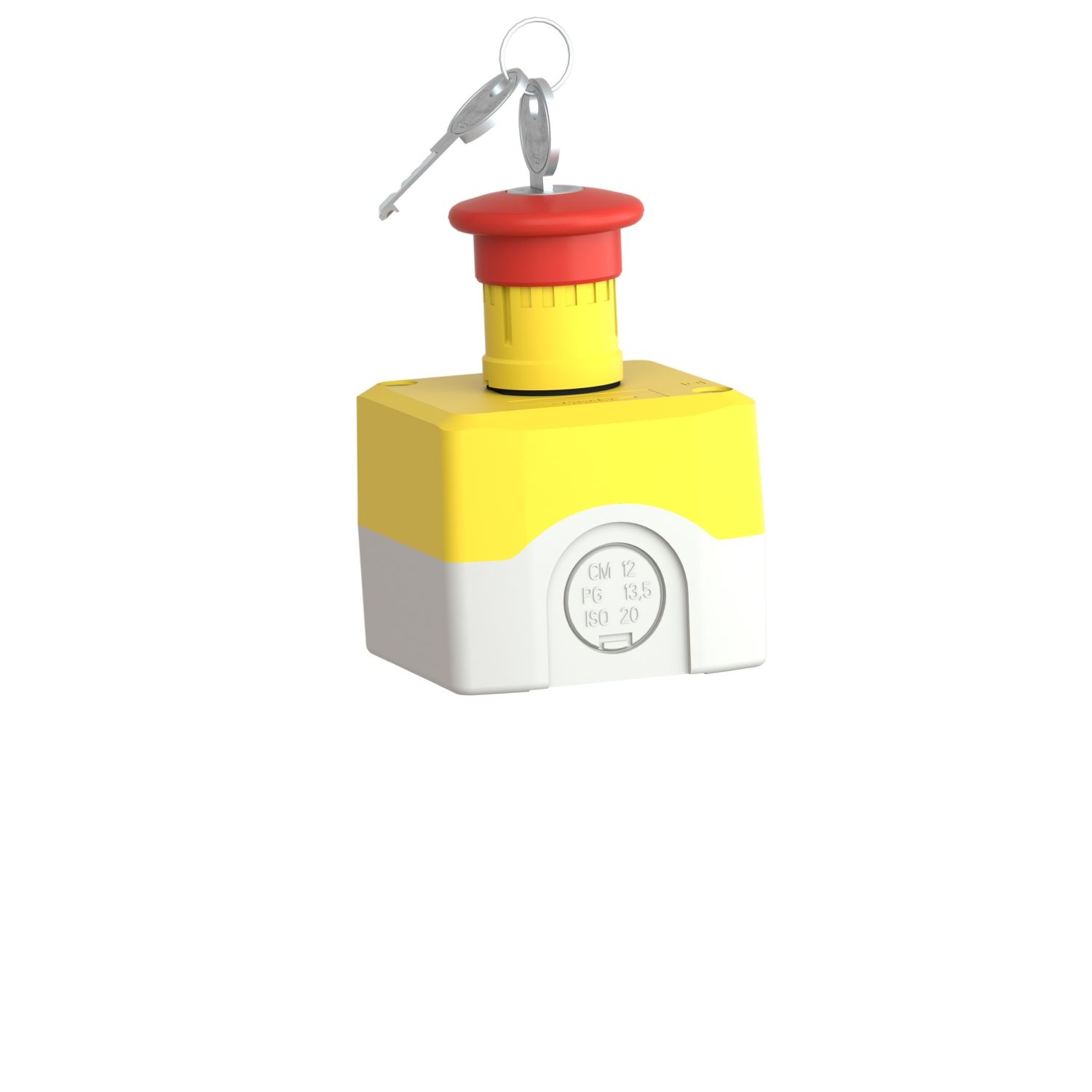 Picture of Complete control station, Harmony XALK, XALD, plastic, yellow lid, 1 red mushroom push button 40mm, key release, 2NC