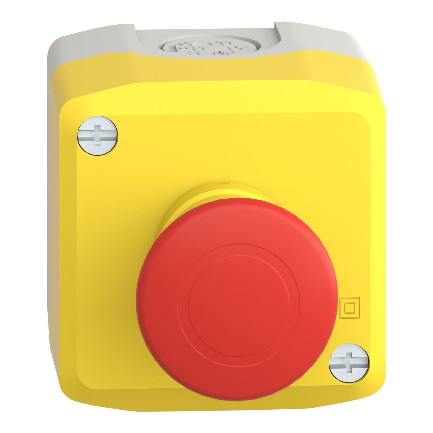 Picture of Control station, Harmony XALD XALK, plastic, yellow, 1 red mushroom head push button Ø40, emergency stop push-pull 1 NC, unmarked