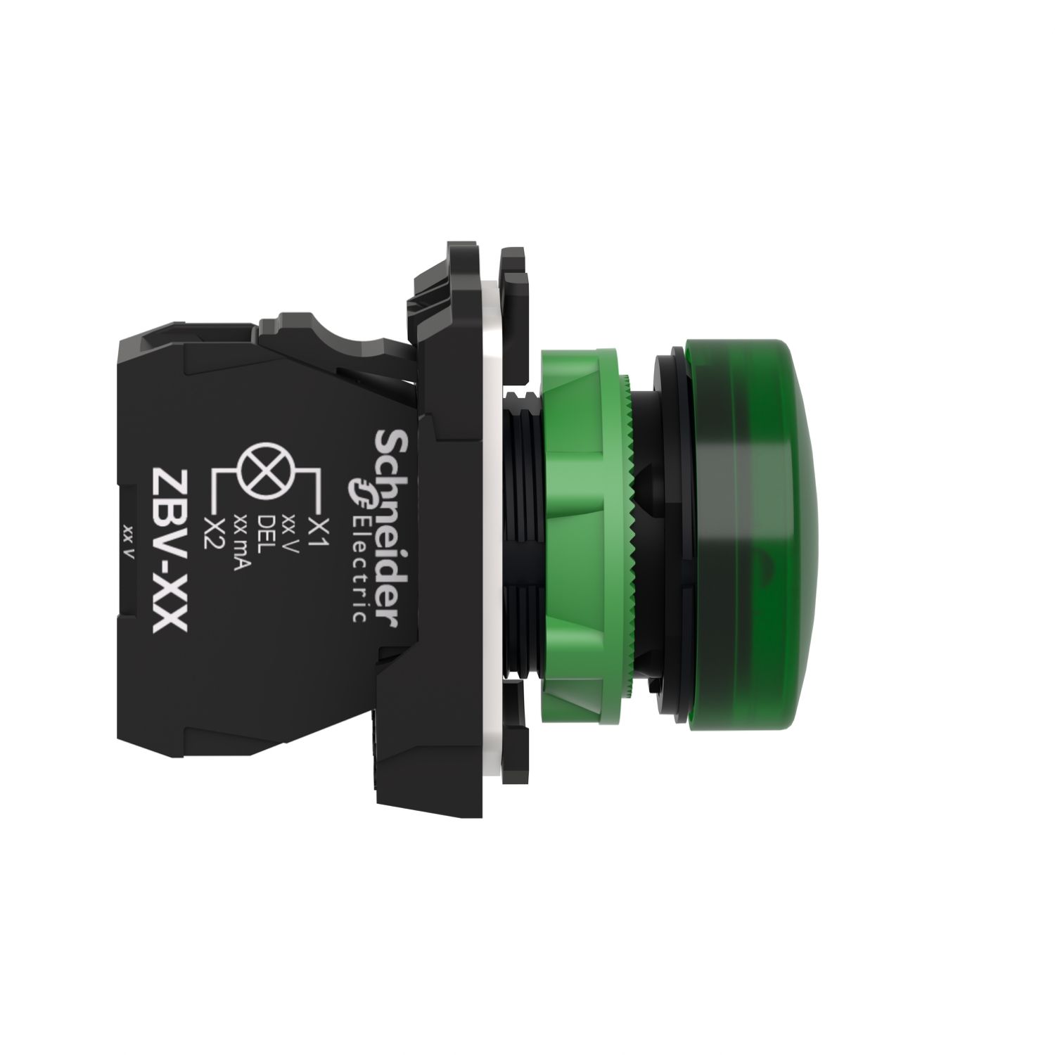Picture of pilot light, Harmony XB5, grey plastic, green, 22mm, universal LED, plain lens, 110...120V AC