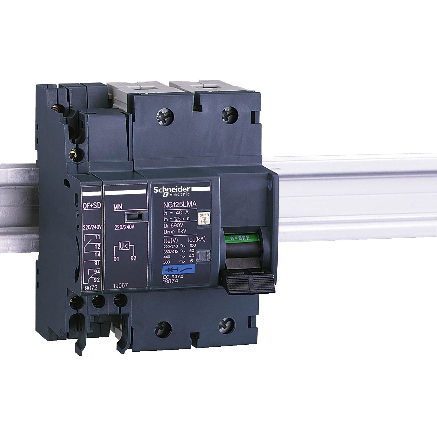 Picture of Auxiliary OC and fault contact, Acti9 NG125, 1 OC + 1 SD, 220VAC to 240VAC (max 6A), 415VAC (max 3A)