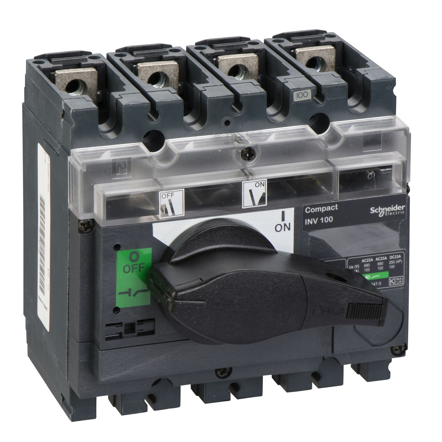 Picture of switch disconnector, Compact INV100, visible break, 100A, standard version with black rotary handle, 4 poles