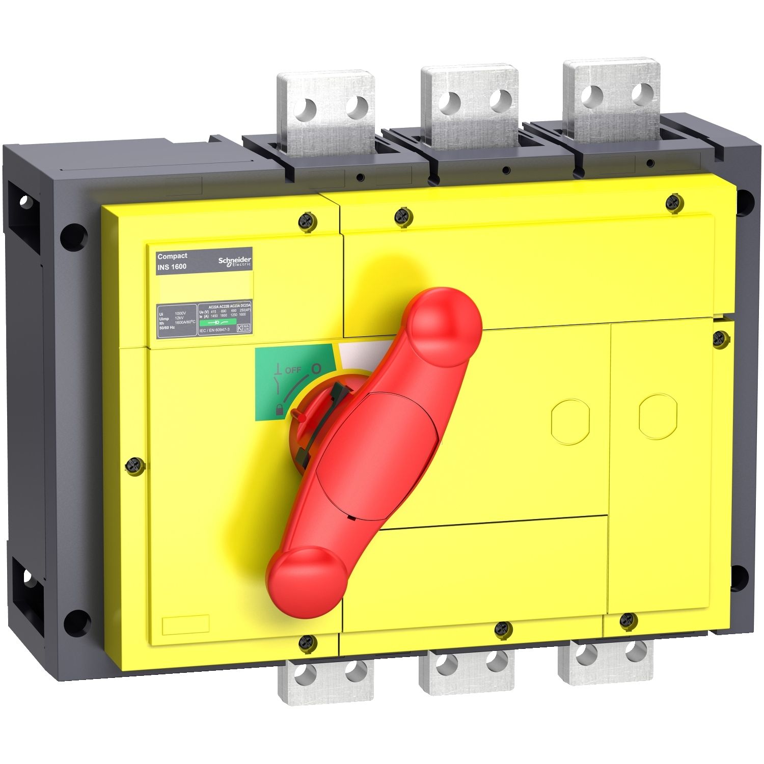 Picture of switch disconnector, Compact INS800, 800A, with red rotary handle, yellow front, 3 poles