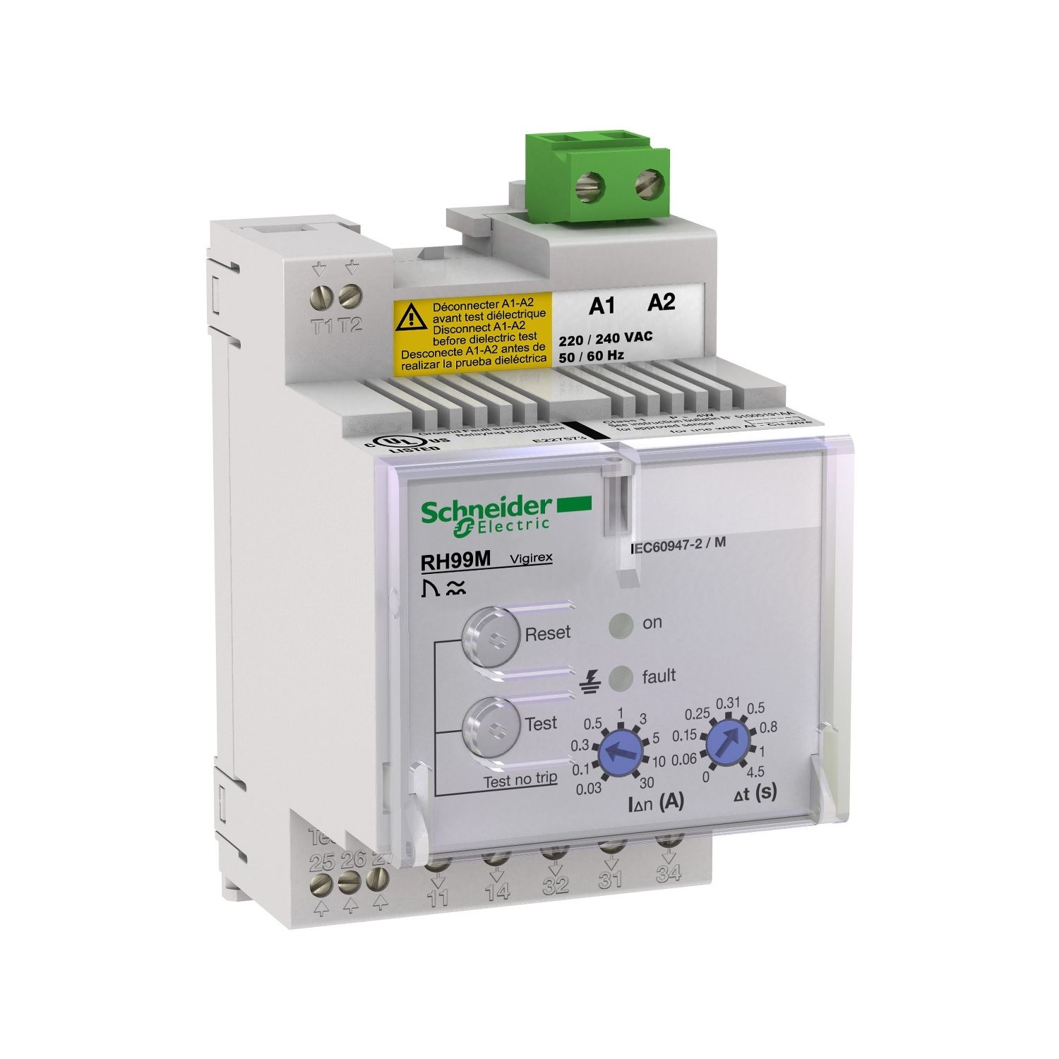 Picture of Residual current monitoring relay, VigiPacT RH99M, 30mA-30A, 220/240VAC 50/60Hz, DIN rail mounting