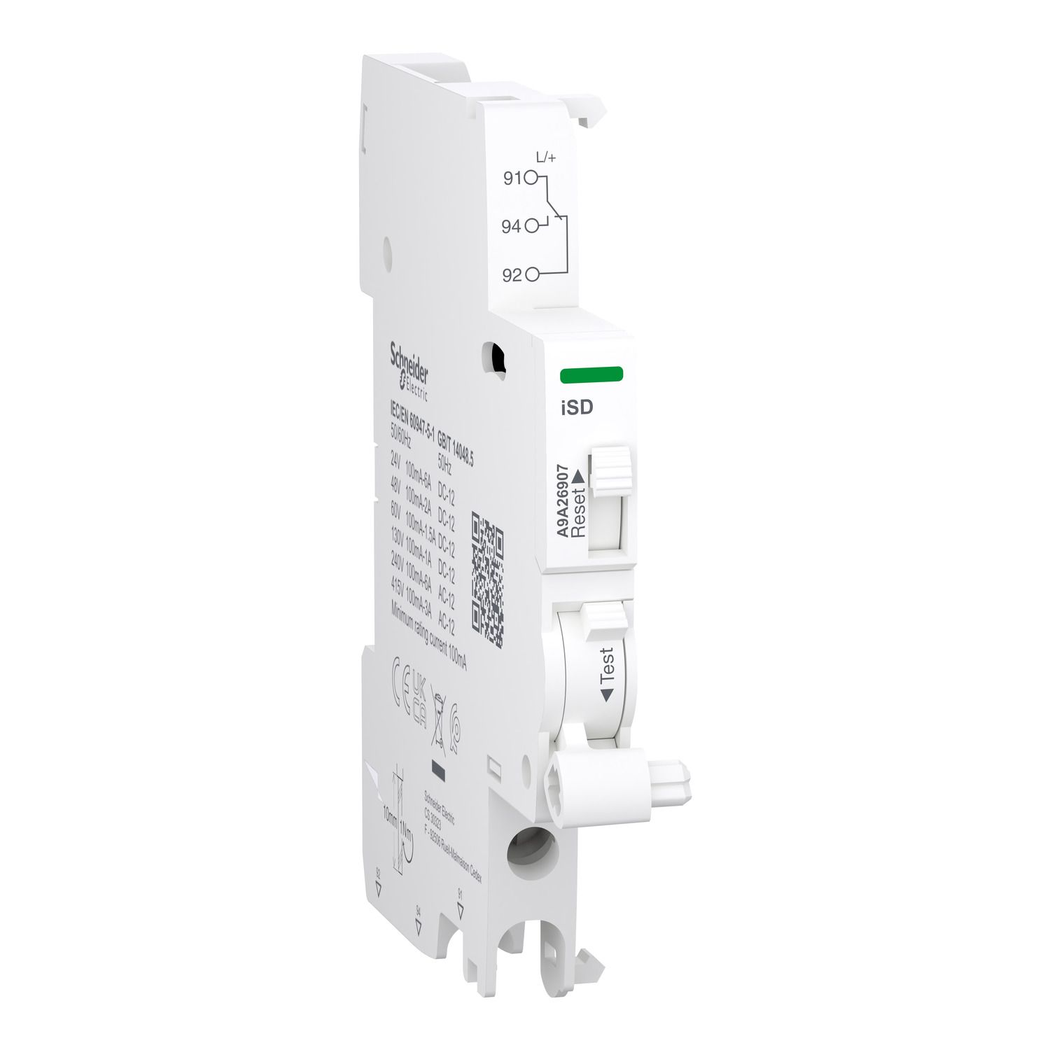 Picture of Auxiliary contact, Acti9, iSD, 1 C/O, 100mA to 6A, 24VAC to 415VAC, 24VDC to 130VDC, bottom connection