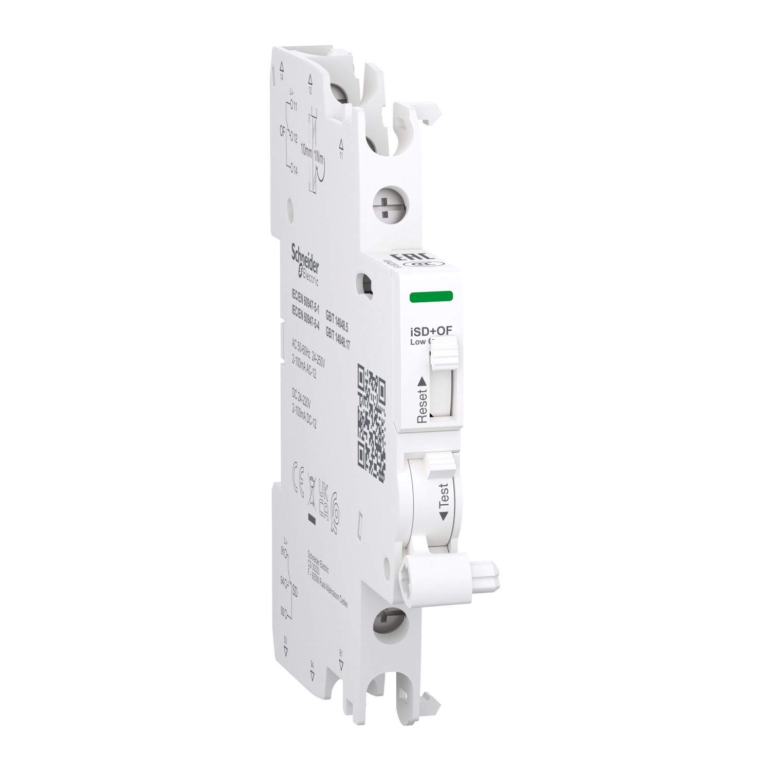 Picture of Auxiliary contact, Acti9, iSD+OF, 2 C/O, 2mA to 100mA, 24VAC to 250VAC, 24VDC to 220VDC, top and bottom connection