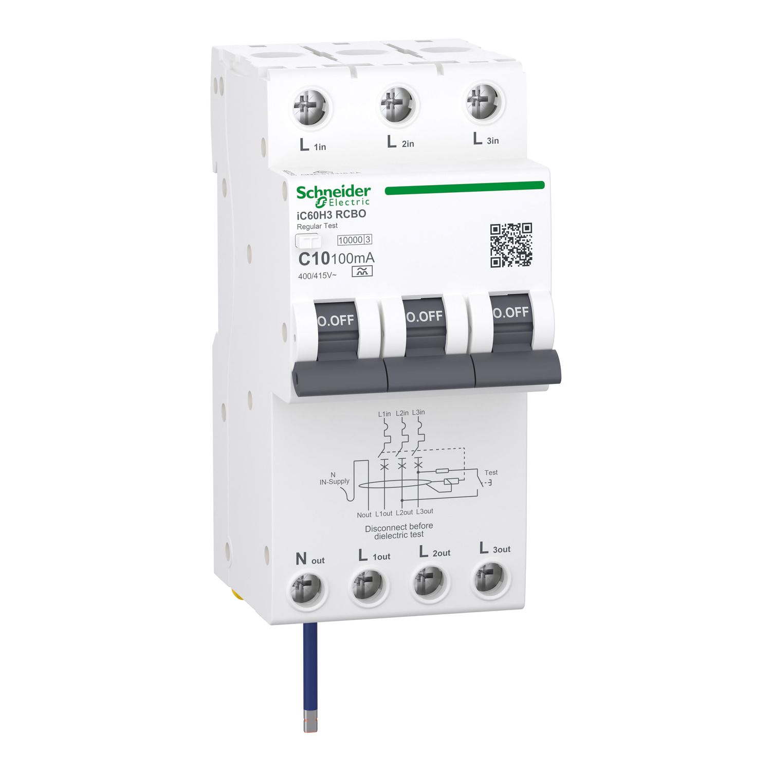 Picture of Residual current breaker with overcurrent protection (RCBO), Acti9 iC60H3, 3P+Ns, C Curve, 10A, 100mA, A type, 10000A