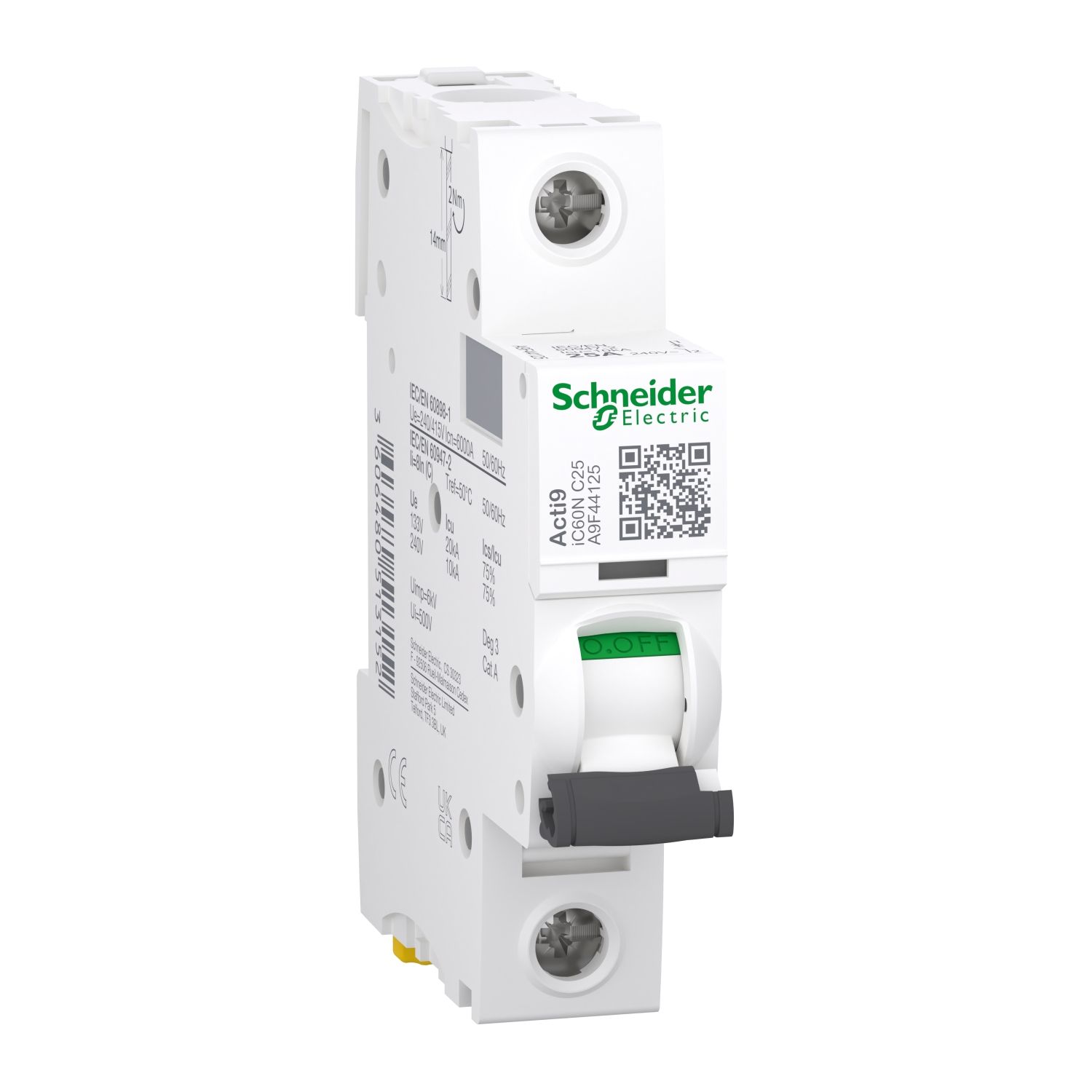 Picture of Miniature circuit breaker (MCB), Acti9, iC60N Disbo, 1P, 25A, C curve, 6000A (IEC/EN 60898-1), 10kA (IEC/EN 60947-2)