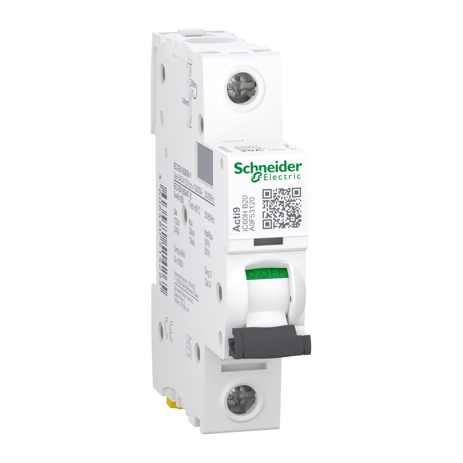 Picture of Miniature circuit breaker (MCB), Acti9, iC60H Disbo, 1P, 20A, B curve, 10000A (IEC/EN 60898-1), 15kA (IEC/EN 60947-2)