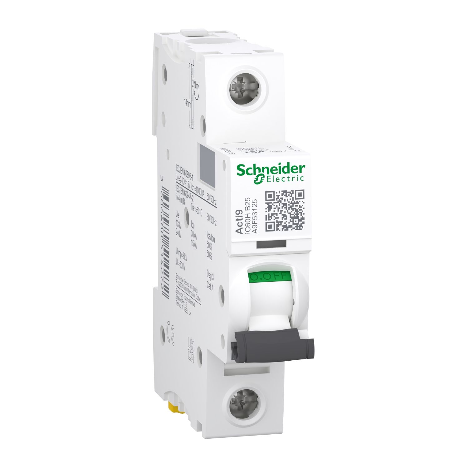 Picture of Miniature circuit breaker (MCB), Acti9, iC60H Disbo, 1P, 25A, B curve, 10000A (IEC/EN 60898-1), 15kA (IEC/EN 60947-2)