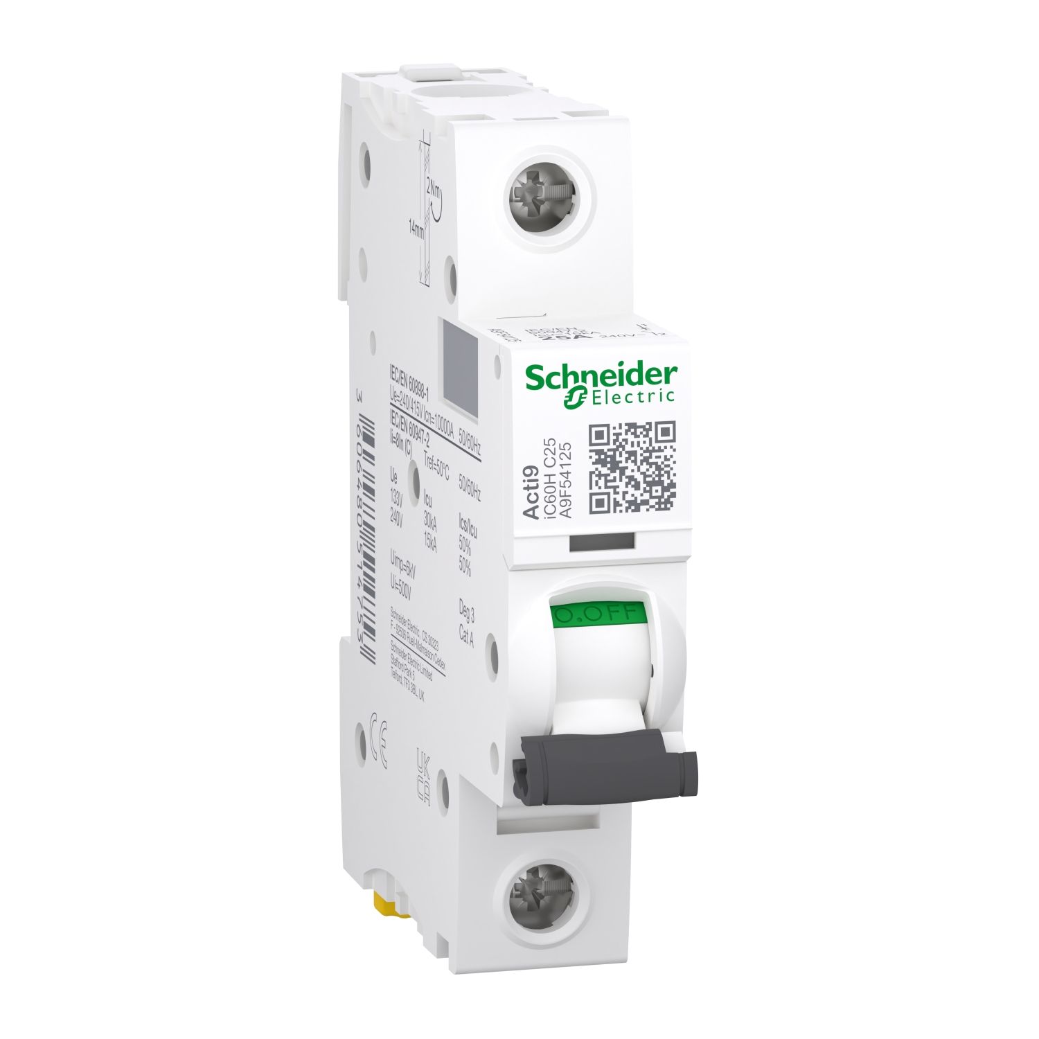 Picture of Miniature circuit breaker (MCB), Acti9, iC60H Disbo, 1P, 25A, C curve, 10000A (IEC/EN 60898-1), 15kA (IEC/EN 60947-2)