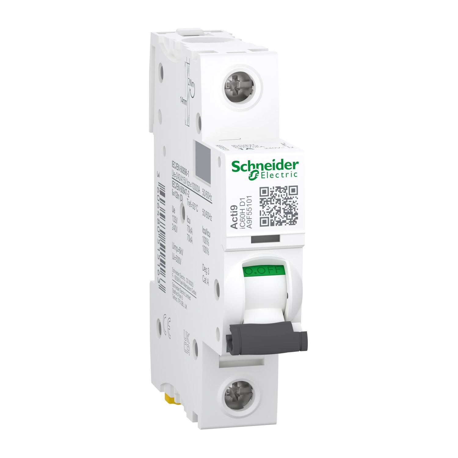Picture of Miniature circuit breaker (MCB), Acti9, iC60H Disbo, 1P, 1A, D curve, 10000A (IEC/EN 60898-1), 70kA (IEC/EN 60947-2)
