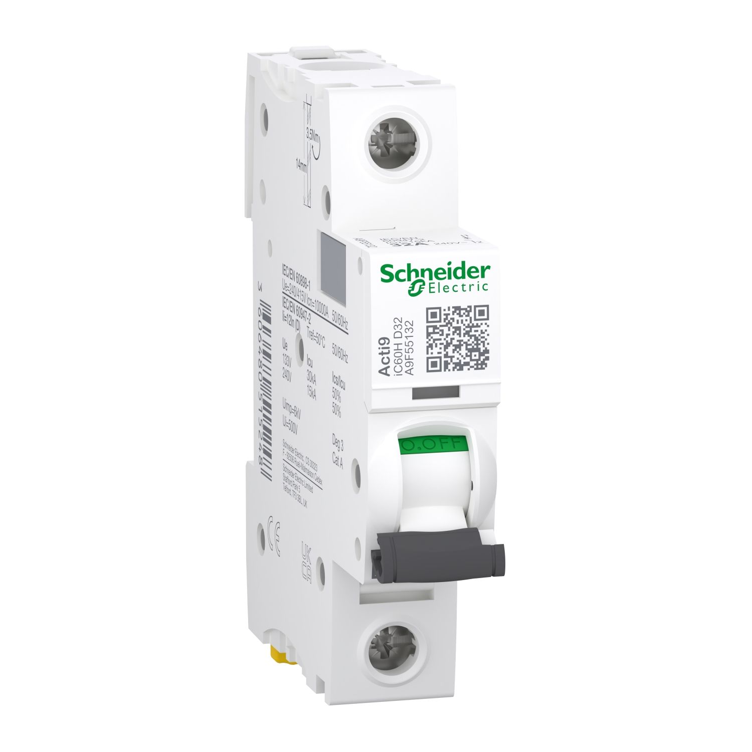 Picture of Miniature circuit breaker (MCB), Acti9, iC60H Disbo, 1P, 32A, D curve, 10000A (IEC/EN 60898-1), 15kA (IEC/EN 60947-2)