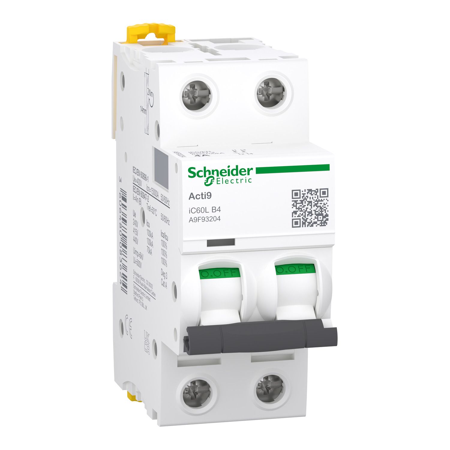 Picture of Miniature circuit breaker (MCB), Acti9 iC60L, 2P, 4A, B curve, 15000A (IEC/EN 60898-1), 100kA (IEC/EN 60947-2)