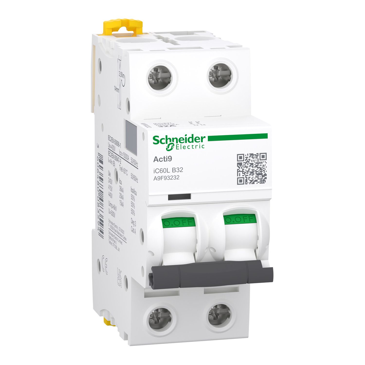 Picture of Miniature circuit breaker (MCB), Acti9 iC60L, 2P, 32A, B curve, 15000A (IEC/EN 60898-1), 20kA (IEC/EN 60947-2)