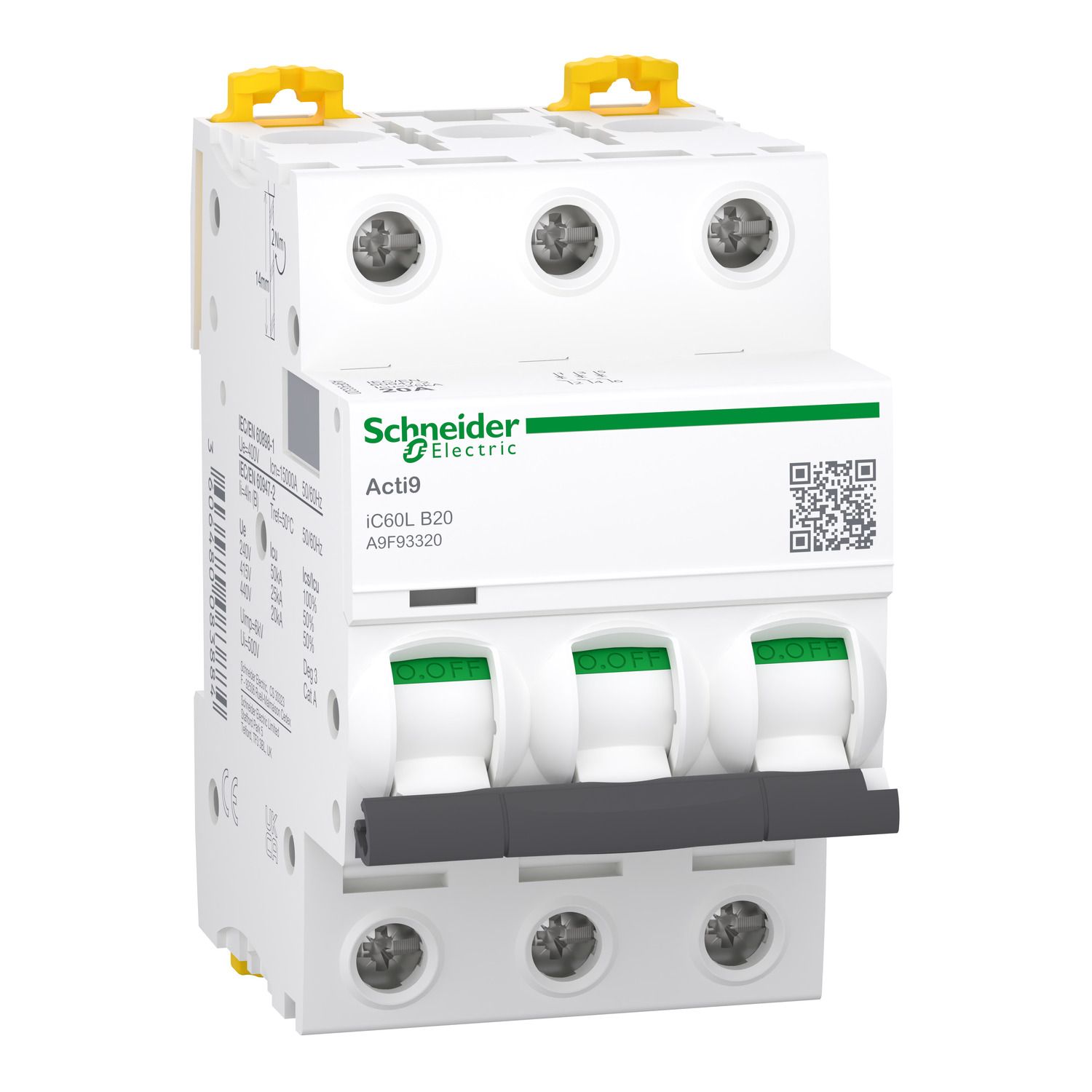 Picture of Miniature circuit breaker (MCB), Acti9 iC60L, 3P, 20A, B curve, 15000A (IEC/EN 60898-1), 25kA (IEC/EN 60947-2)