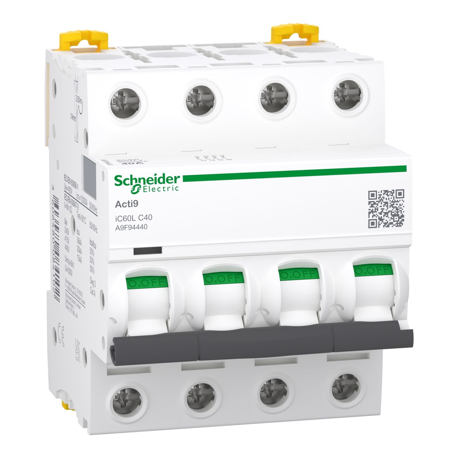 Picture of Miniature circuit breaker (MCB), Acti9 iC60L, 4P, 40A, C curve, 15000A (IEC/EN 60898-1), 20kA (IEC/EN 60947-2)