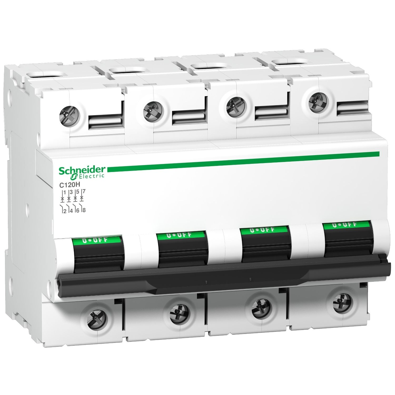 Picture of Miniature circuit breaker (MCB), Acti9, C120H, 4P, 100A, B curve, 15000A (IEC/EN 60898-1), 15kA (IEC/EN 60947-2)