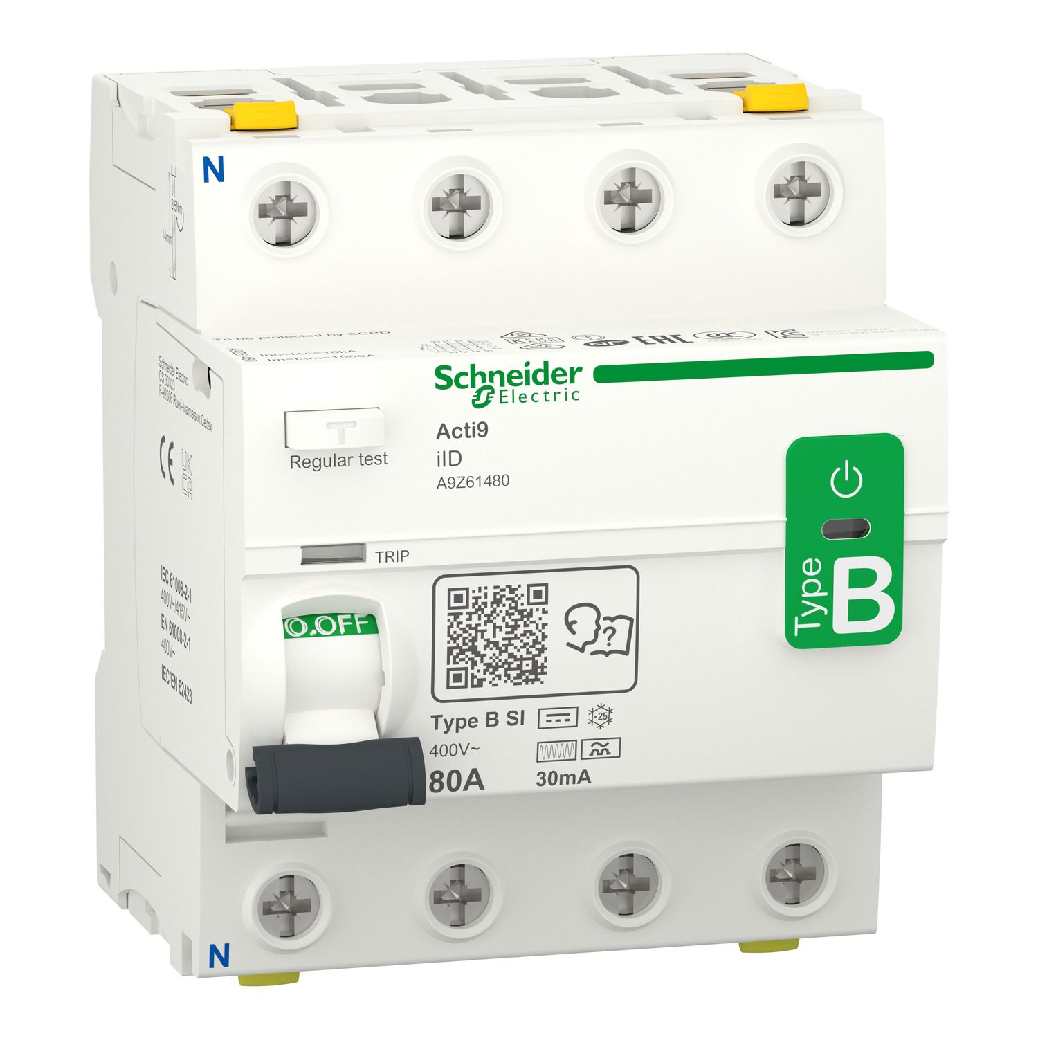 Picture of Residual current circuit breaker (RCCB), Acti9 iID, 4P, 80A, B-SI type, 30mA, double terminal