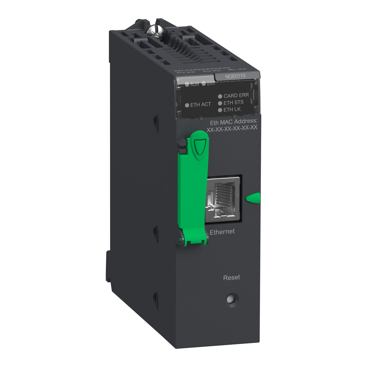Picture of Ethernet TCP/IP network module, Modicon M340 automation platform, flash memory card, internal RAM 16 Mb, 1 x RJ45 10/100