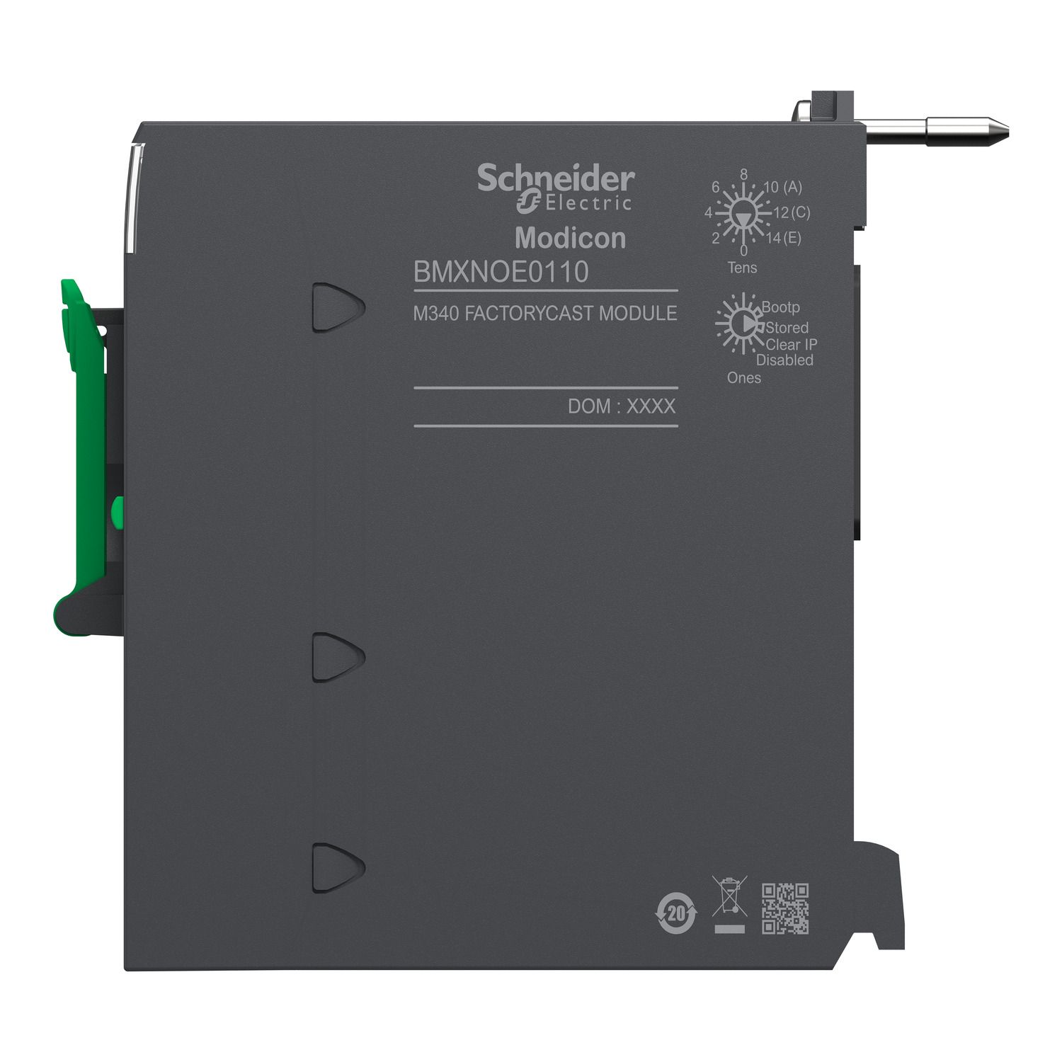 Picture of Ethernet TCP/IP network module, Modicon M340 automation platform, flash memory card, internal RAM 16 Mb, 1 x RJ45 10/100