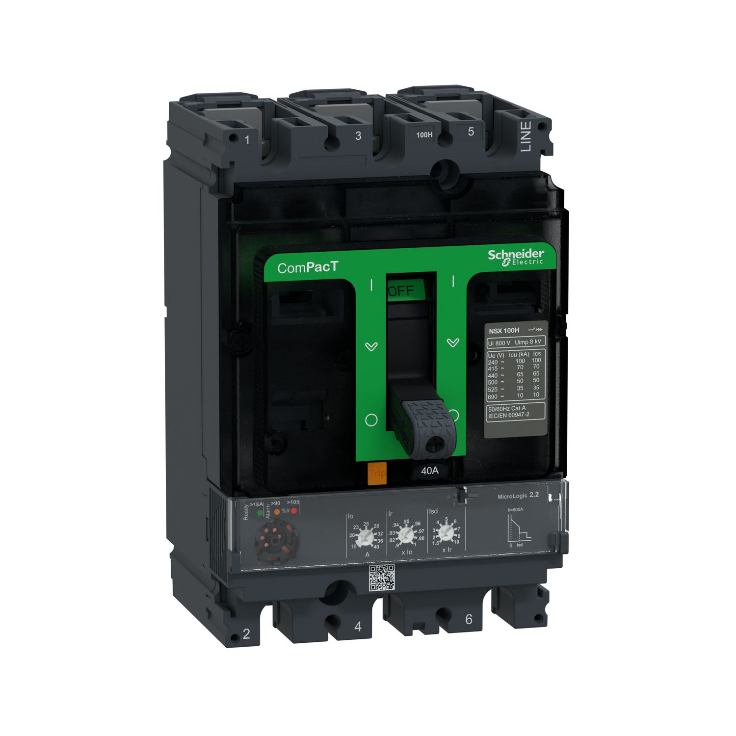 Picture of Circuit breaker, ComPacT NSX100H, 70kA/415VAC, 3 poles, MicroLogic 2.2 trip unit 40A
