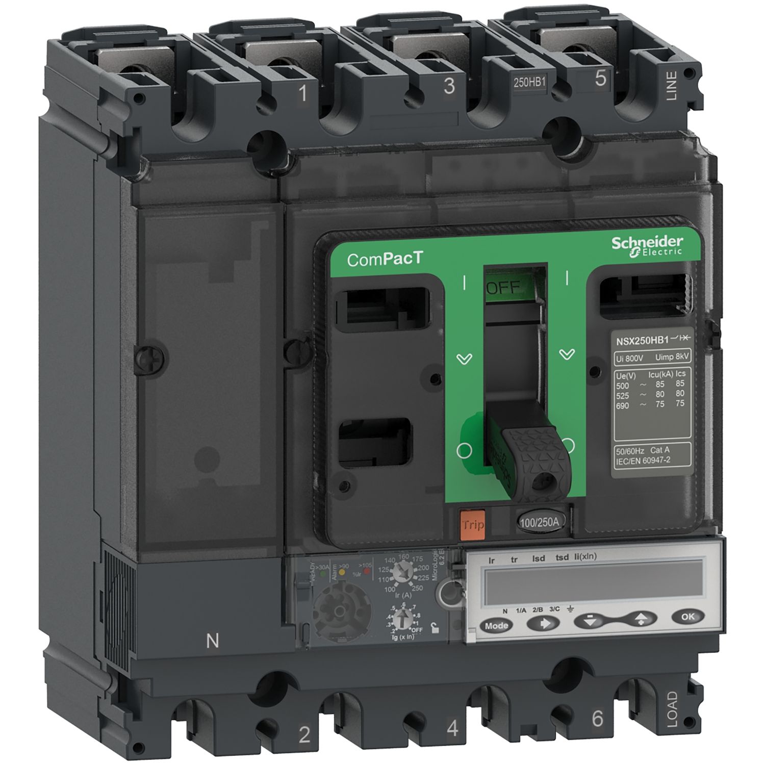 Picture of Circuit breaker, ComPacT NSX100R, 200kA/415VAC, 4 poles, MicroLogic 6.2E trip unit 40A