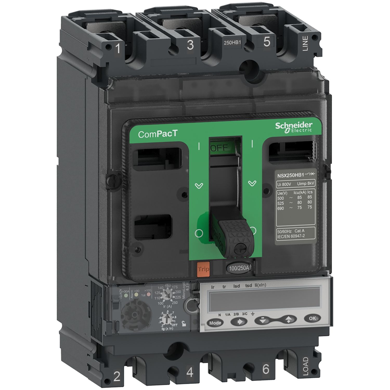 Picture of Circuit breaker, ComPacT NSX100HB2, 100kA/690VAC, 4 poles, MicroLogic 6.2E trip unit 40A