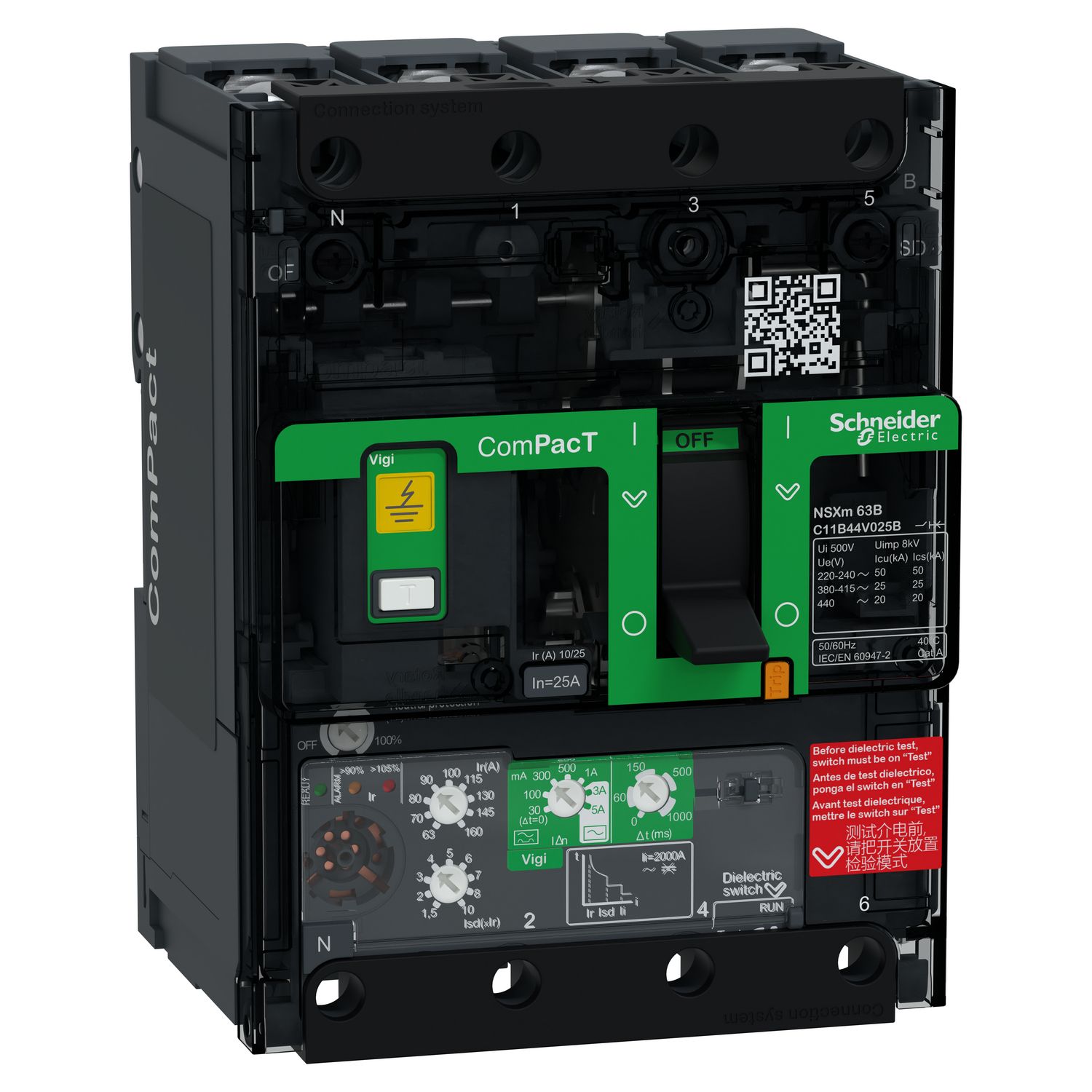 Picture of Circuit breaker, ComPacT NSXm 63B, 25kA/415VAC, 4 poles, MicroLogic 4.1 trip unit 25A, lugs/busbars