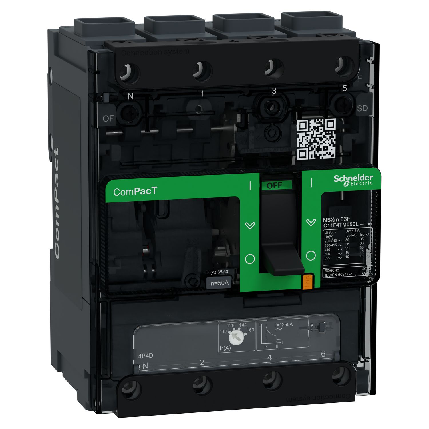 Picture of Circuit breaker, ComPacT NSXm 63F, 36kA/415VAC, 4 poles 4D (neutral fully protected), TMD trip unit 50A, EverLink lugs
