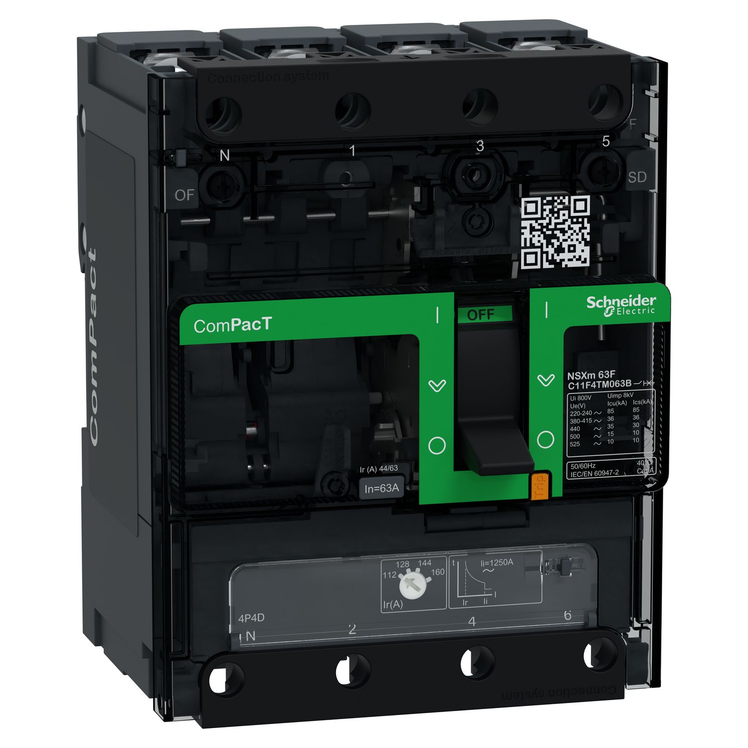 Picture of Circuit breaker, ComPacT NSXm 63F, 36kA/415VAC, 4 poles 4D (neutral fully protected), TMD trip unit 63A, lugs/busbars