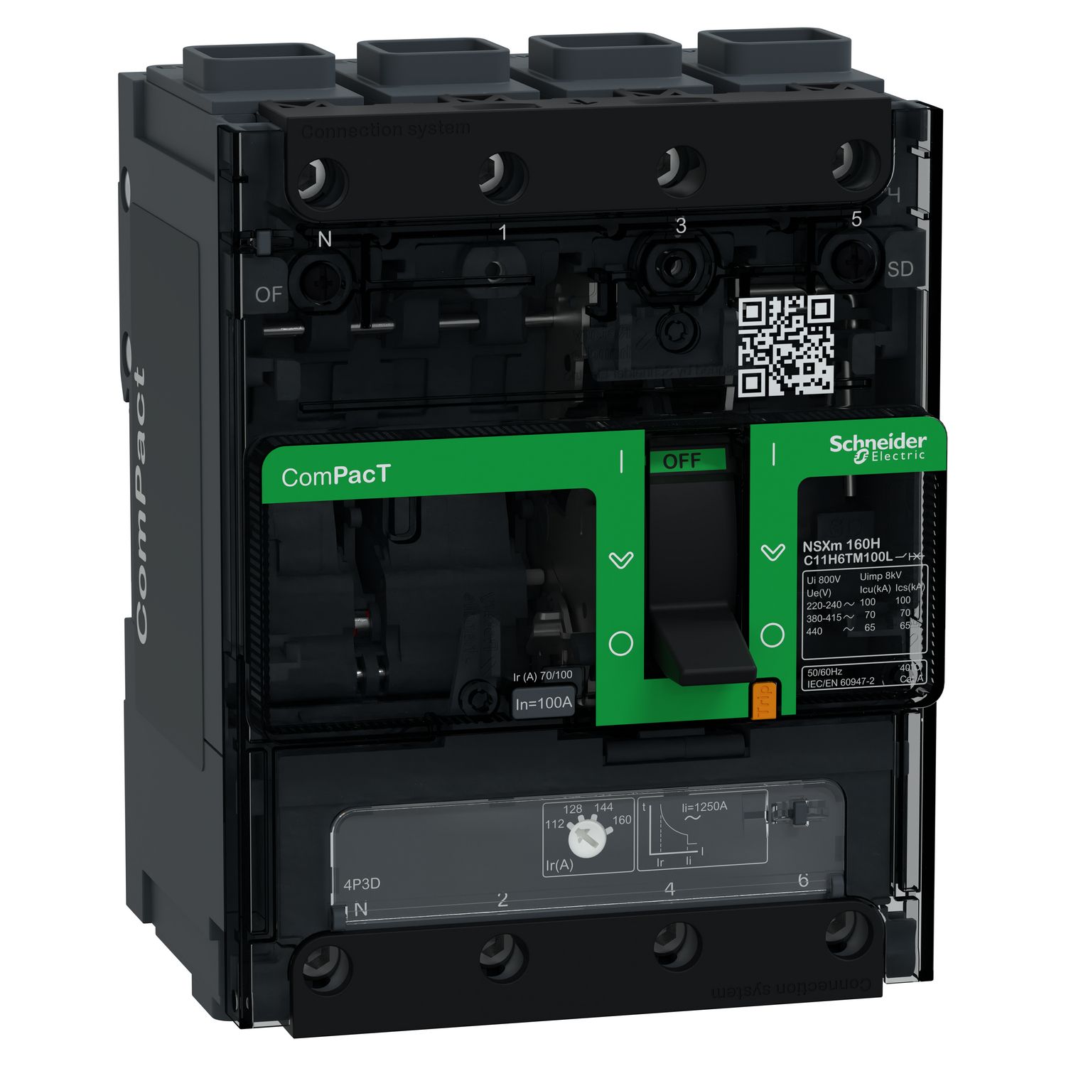 Picture of Circuit breaker, ComPacT NSXm 160H, 70kA/415VAC, 4 poles 3D (neutral not protected), TMD trip unit 100A, EverLink lugs