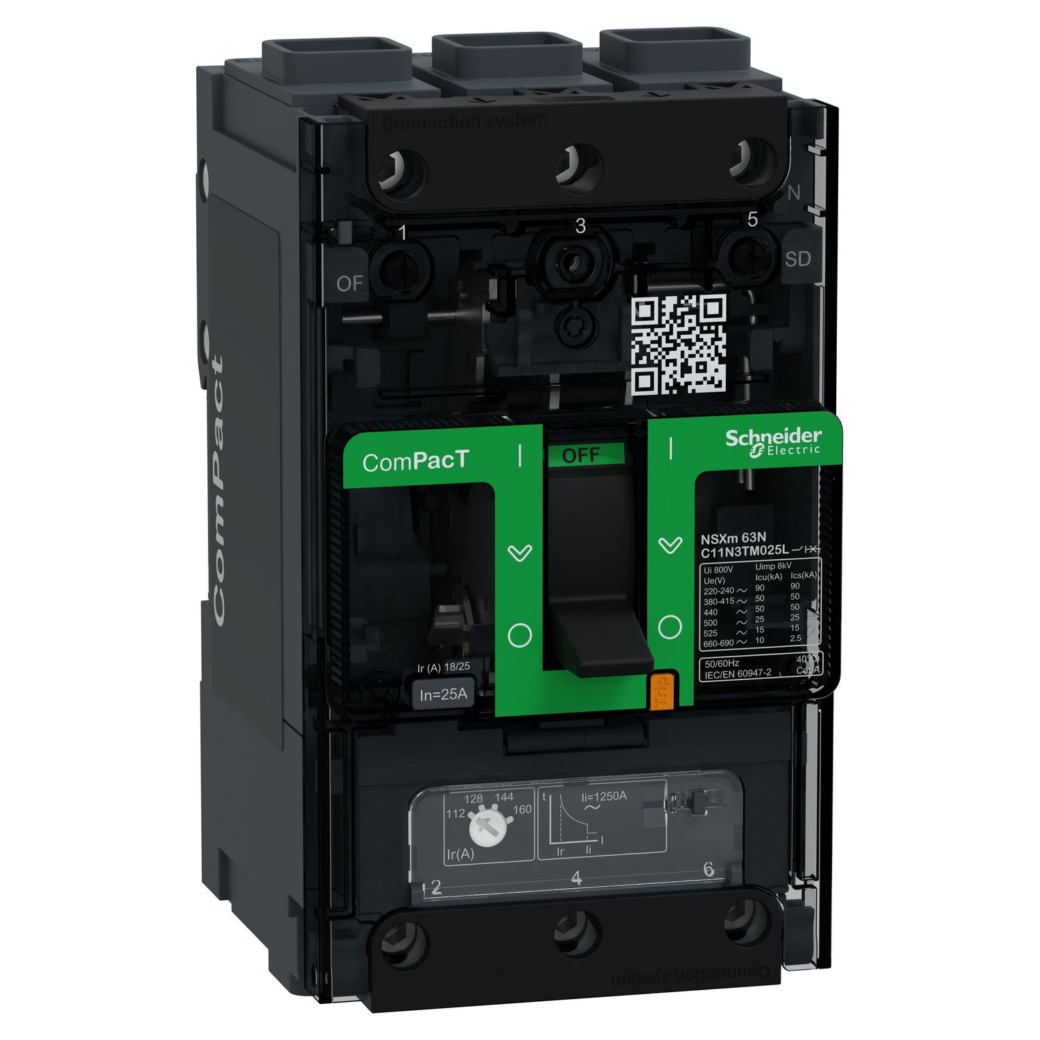 Picture of Circuit breaker, ComPacT NSXm 63N, 50kA/415VAC, 3 poles, TMD trip unit 25A, EverLink lugs