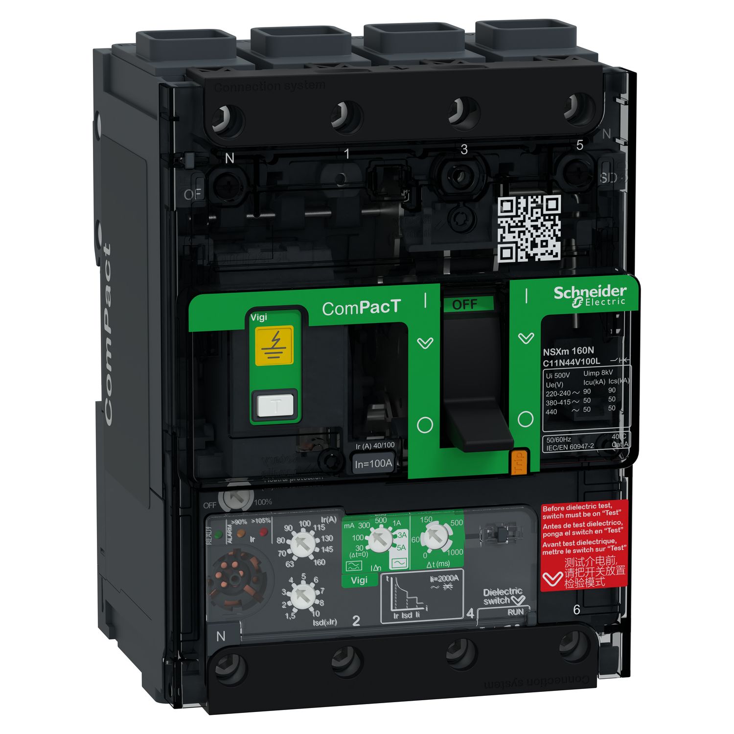 Picture of Circuit breaker, ComPacT NSXm 160N, 50kA/415VAC, 4 poles, MicroLogic 4.1 trip unit 100A, EverLink lugs