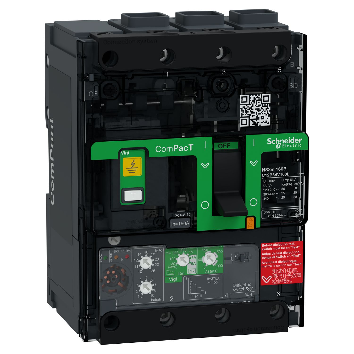 Picture of Circuit breaker, ComPacT NSXm 160B, 25kA/415VAC, 3 poles, MicroLogic 4.1 trip unit 160A, EverLink lugs