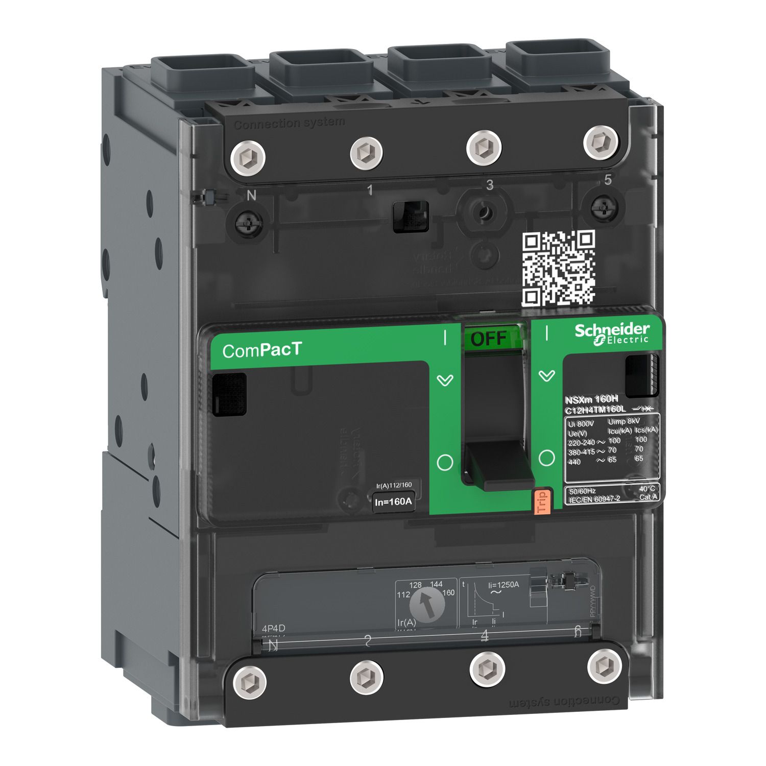 Picture of Circuit breaker, ComPacT NSXm 160H, 70kA/415VAC, 4 poles 4D (neutral fully protected), TMD trip unit 160A, EverLink lugs