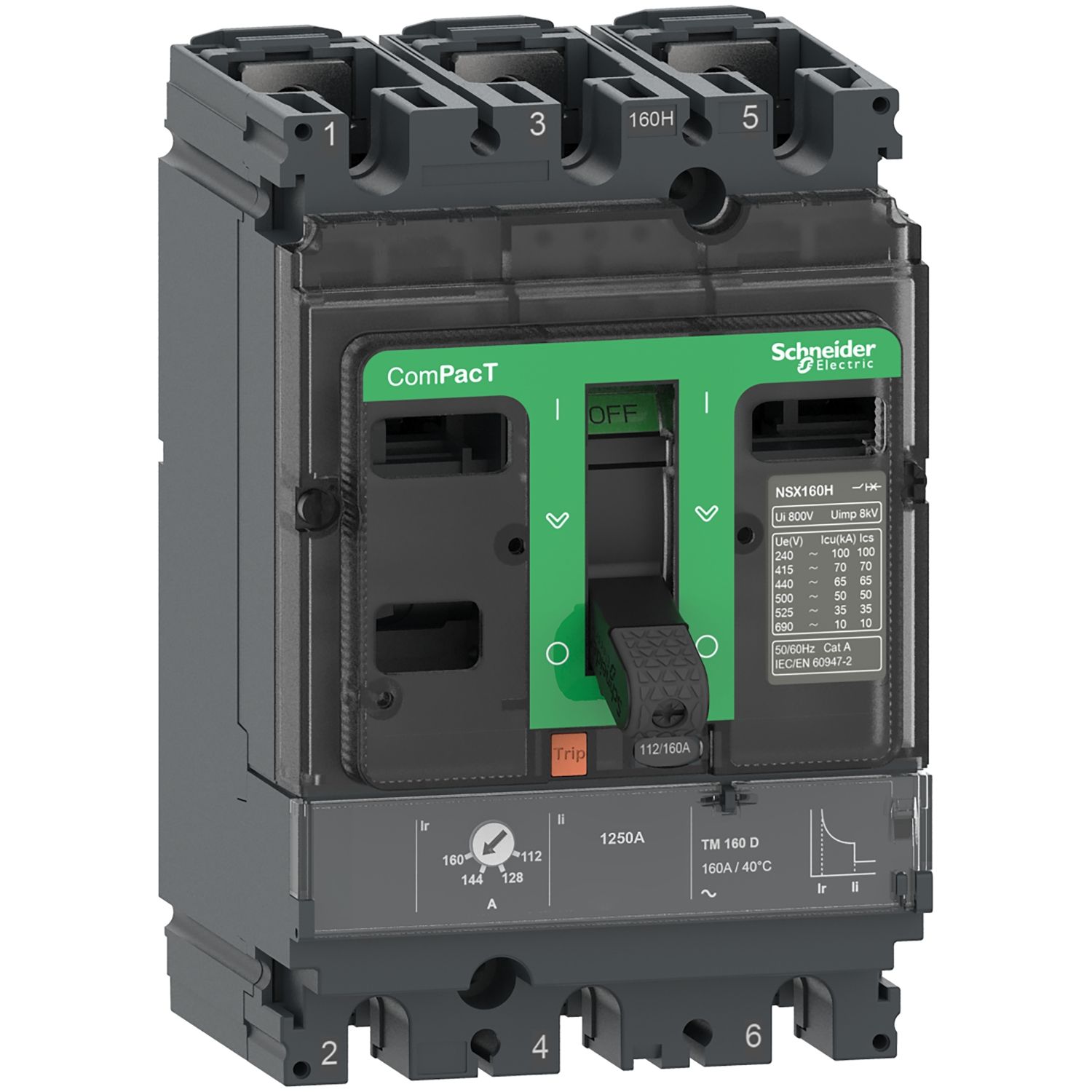 Picture of Circuit breaker, ComPacT NSX160B, 25kA/415VAC, 3 poles, TMD trip unit 125A