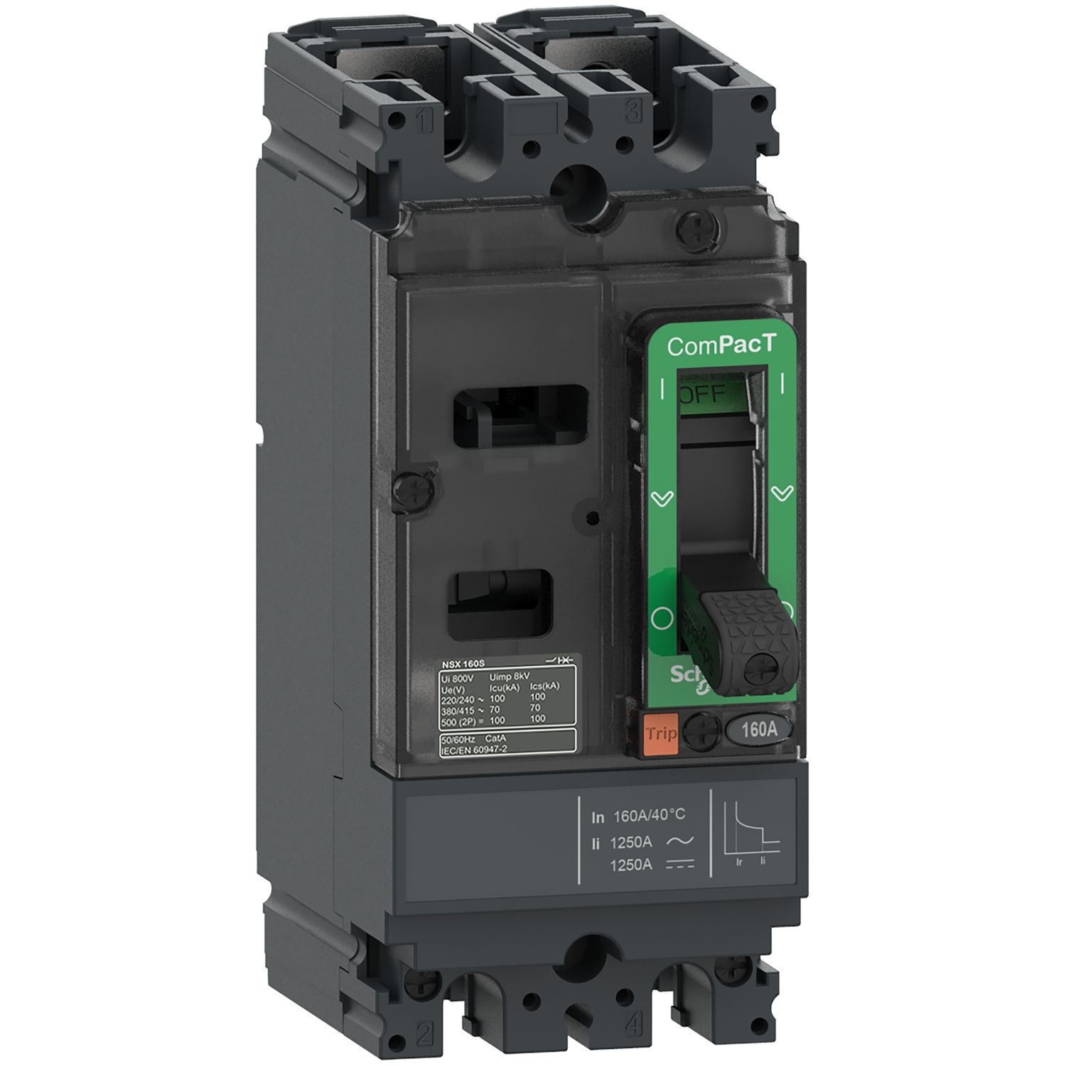 Picture of Circuit breaker, ComPacT NSX160F AC/DC, 18kA/415VAC, 2 poles, TMD trip unit 125A
