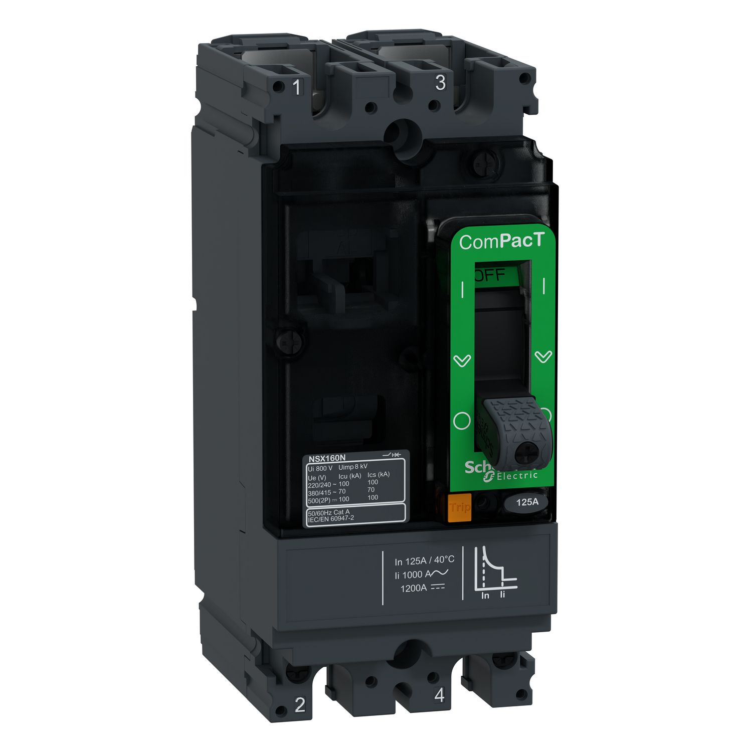 Picture of Circuit breaker, ComPacT NSX160S AC/DC, 70kA/415VAC, 2 poles, TMD trip unit 125A