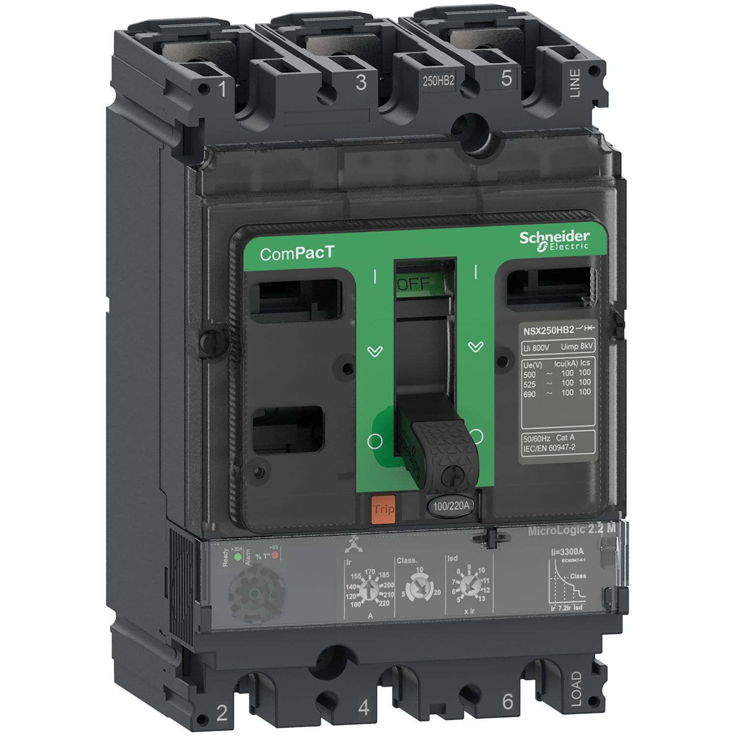 Picture of Circuit breaker, ComPacT NSX250R, 200kA/415VAC, 3 poles, MicroLogic 2.2M trip unit 220A