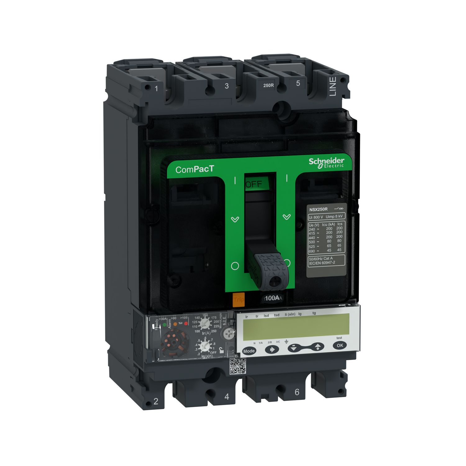 Picture of Circuit breaker, ComPacT NSX250R, 200kA/415VAC, 3 poles, MicroLogic 6.2E trip unit 100A