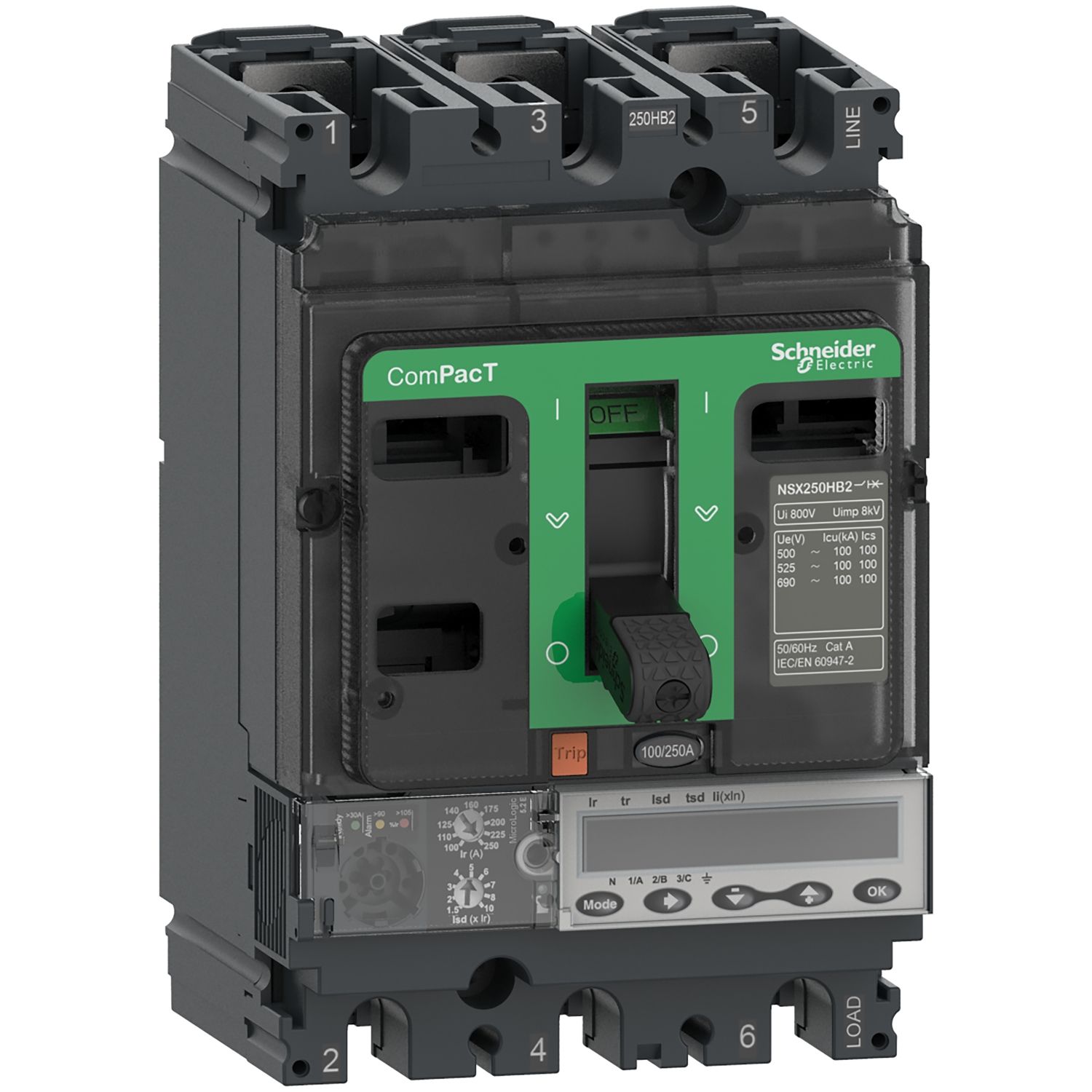 Picture of Circuit breaker, ComPacT NSX250HB1, 75kA/690VAC, 3 poles, MicroLogic 5.2E trip unit 100A