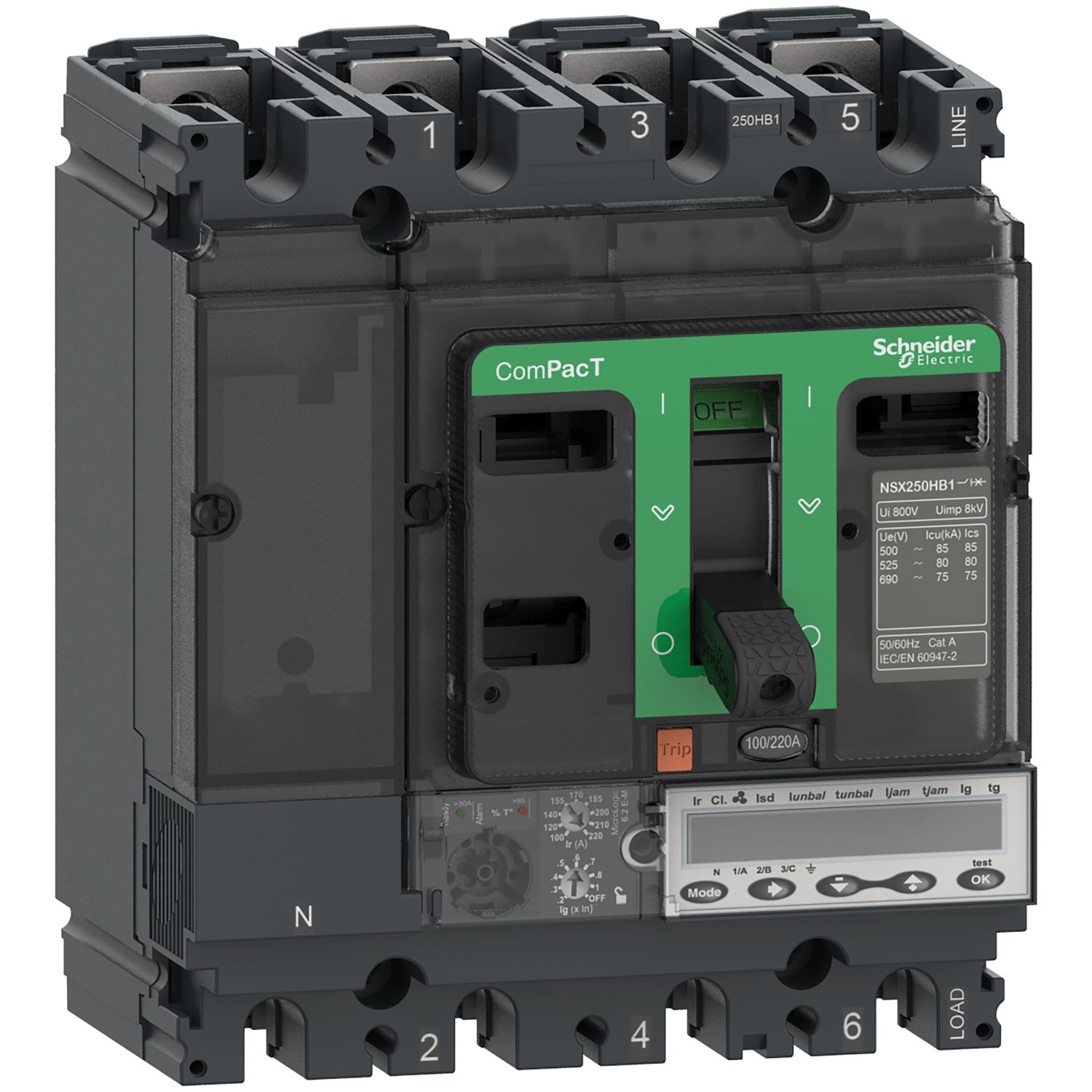 Picture of Circuit breaker, ComPacT NSX250HB1, 75kA/690VAC, 3 poles, MicroLogic 6.2E-M trip unit 220A