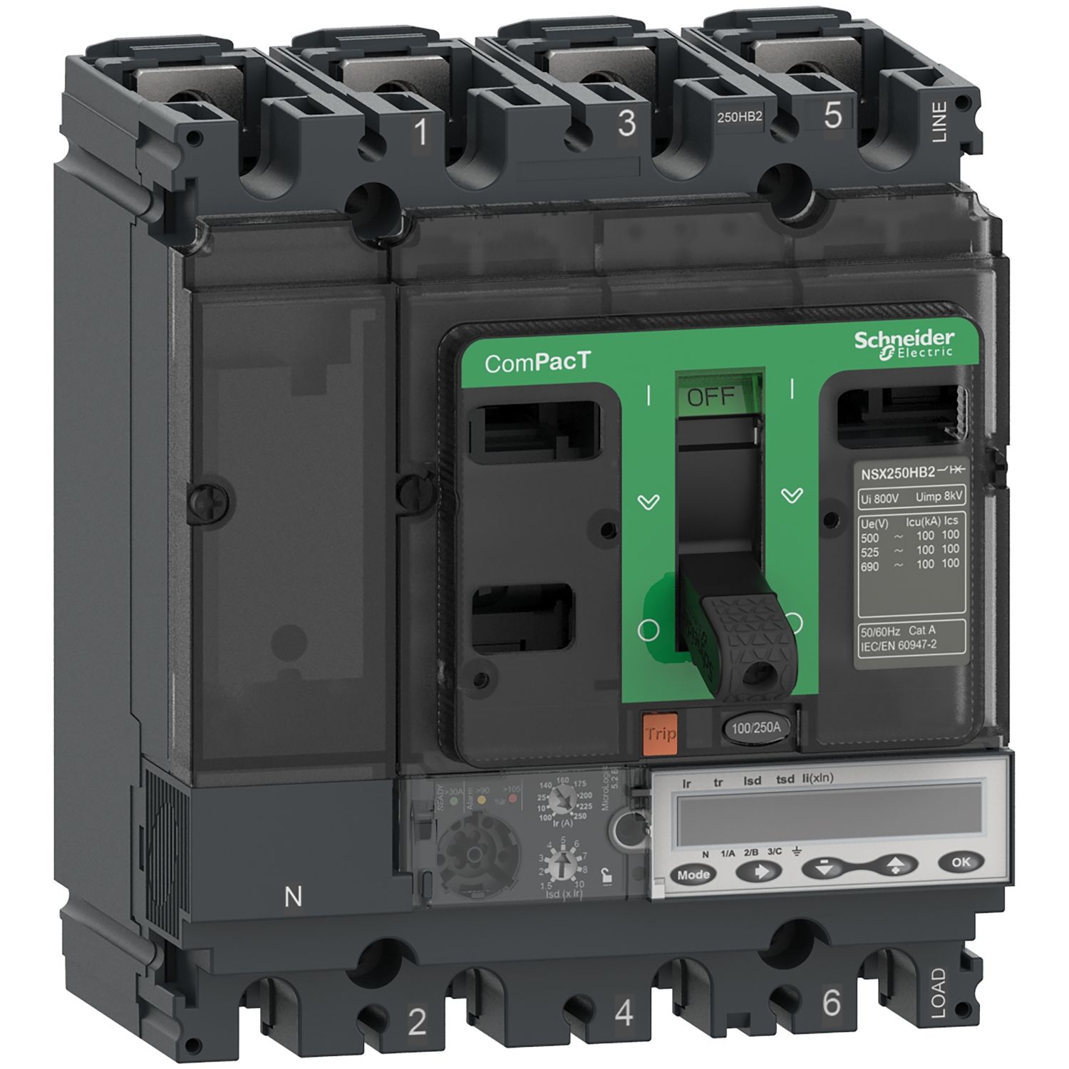Picture of Circuit breaker, ComPacT NSX250HB2, 100kA/690VAC, 4 poles, MicroLogic 5.2E trip unit 100A