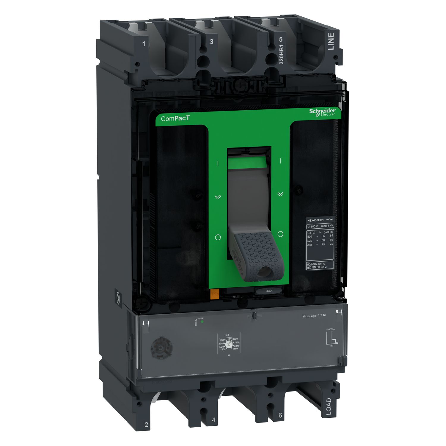 Picture of Circuit breaker, ComPacT NSX400HB1, 75kA/690VAC, 3 poles, MicroLogic 1.3M trip unit 320A