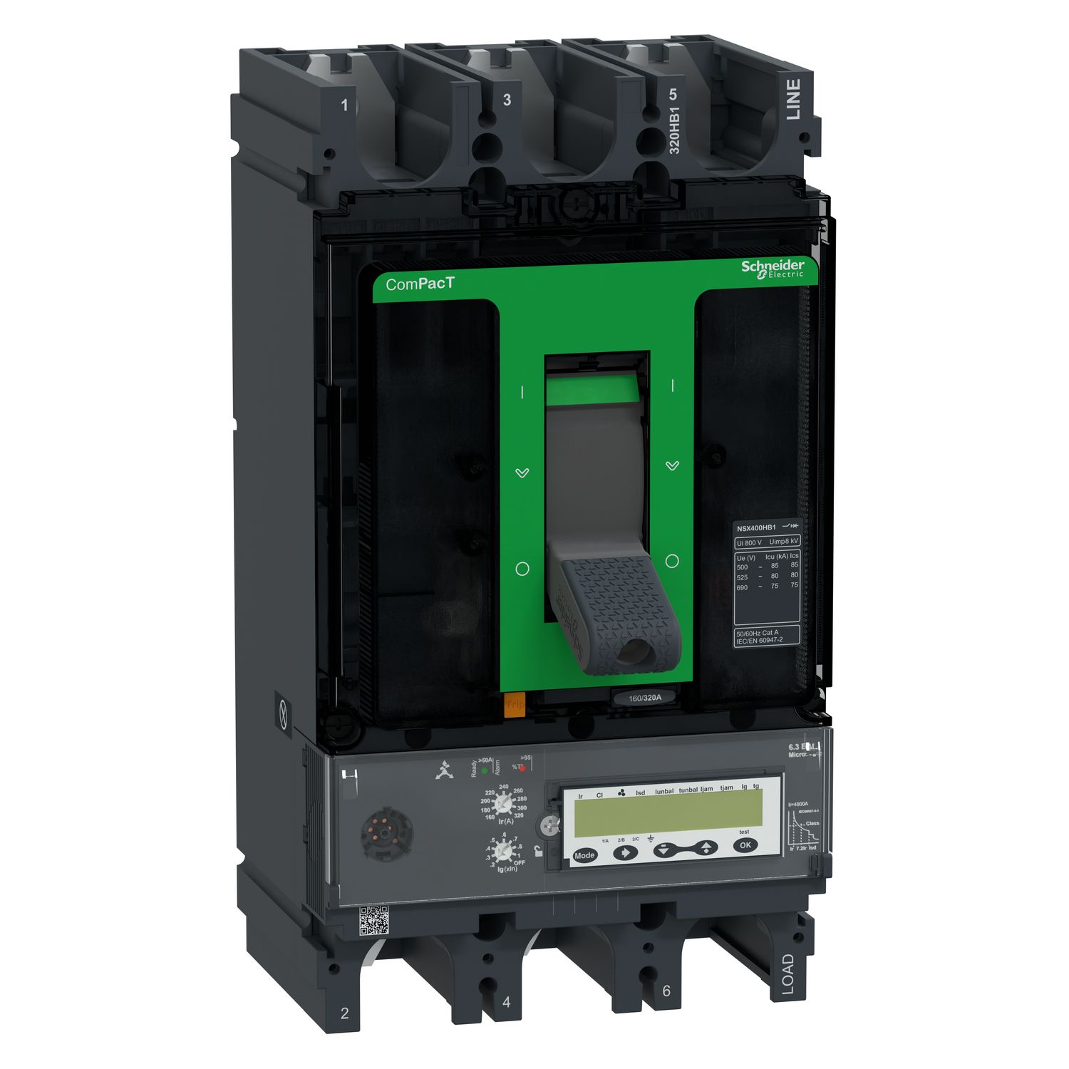 Picture of Circuit breaker, ComPacT NSX400HB1, 75kA/690VAC, 3 poles, MicroLogic 6.3E-M trip unit 320A