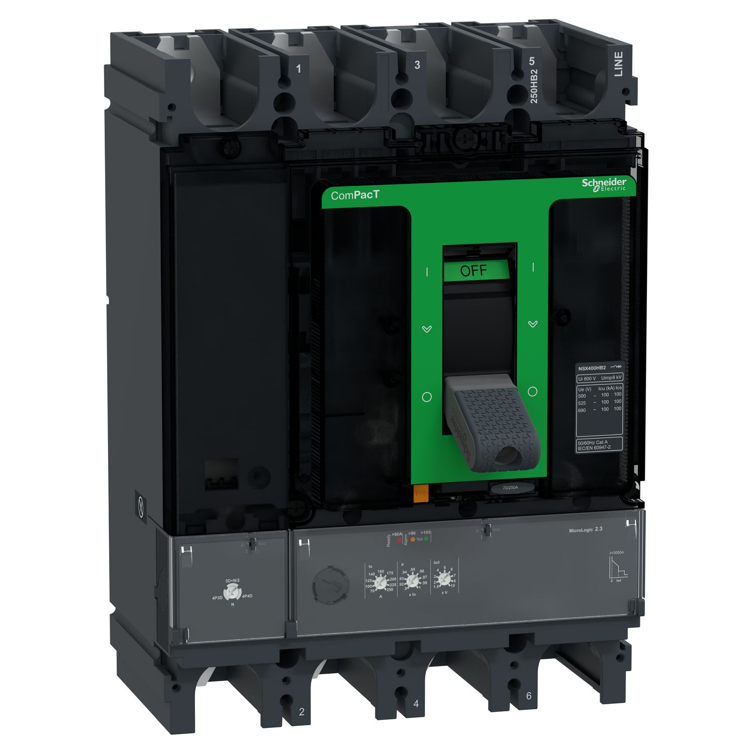 Picture of Circuit breaker, ComPacT NSX400HB2, 100kA/690VAC, 4 poles, MicroLogic 2.3 trip unit 250A