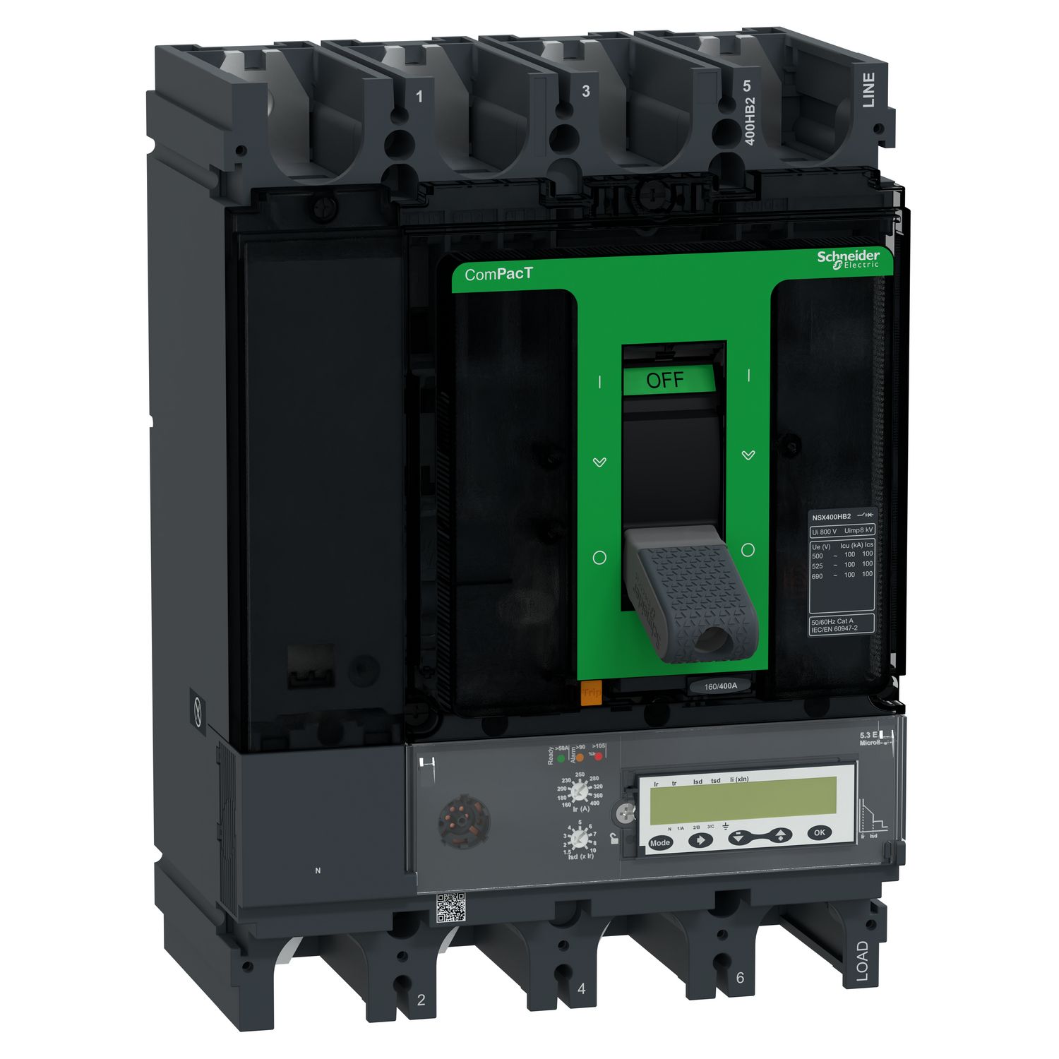 Picture of Circuit breaker, ComPacT NSX400HB2, 100kA/690VAC, 4 poles, MicroLogic 5.3E trip unit 400A