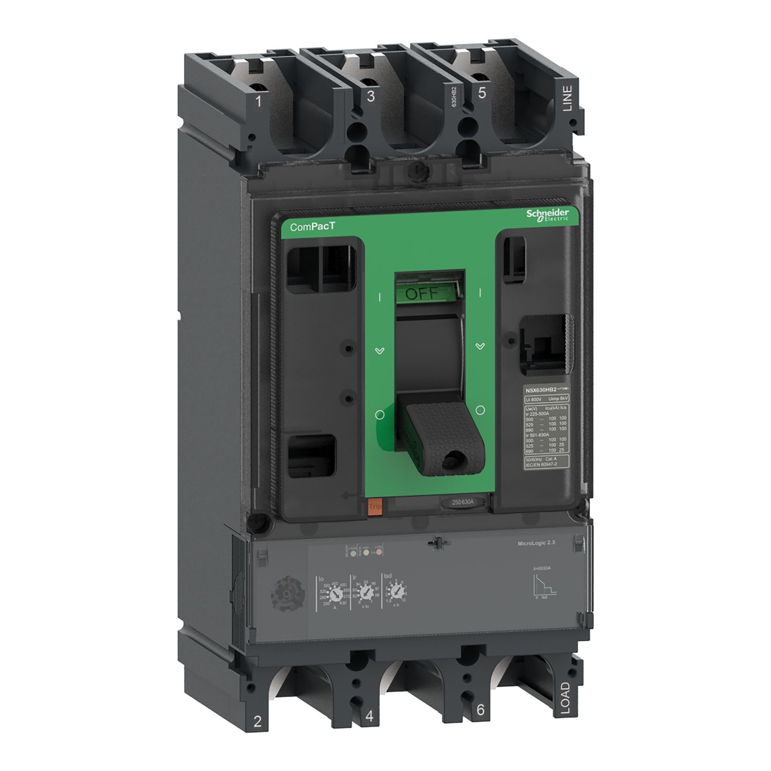 Picture of Circuit breaker, ComPacT NSX630F, 36kA/415VAC, 3 poles, MicroLogic 2.3 trip unit 630A