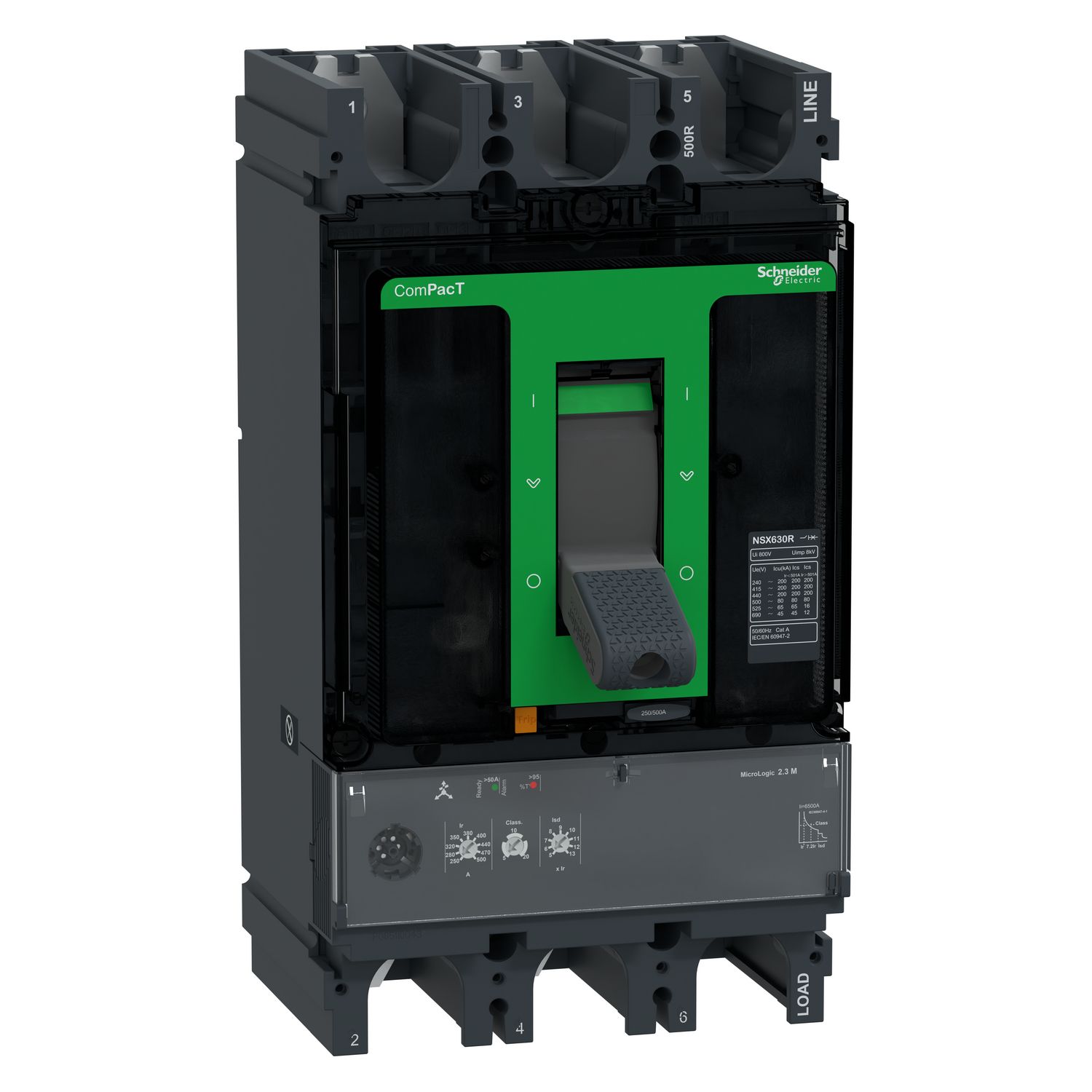 Picture of Circuit breaker, ComPacT NSX630R, 200kA/415VAC, 3 poles, MicroLogic 2.3M trip unit 500A